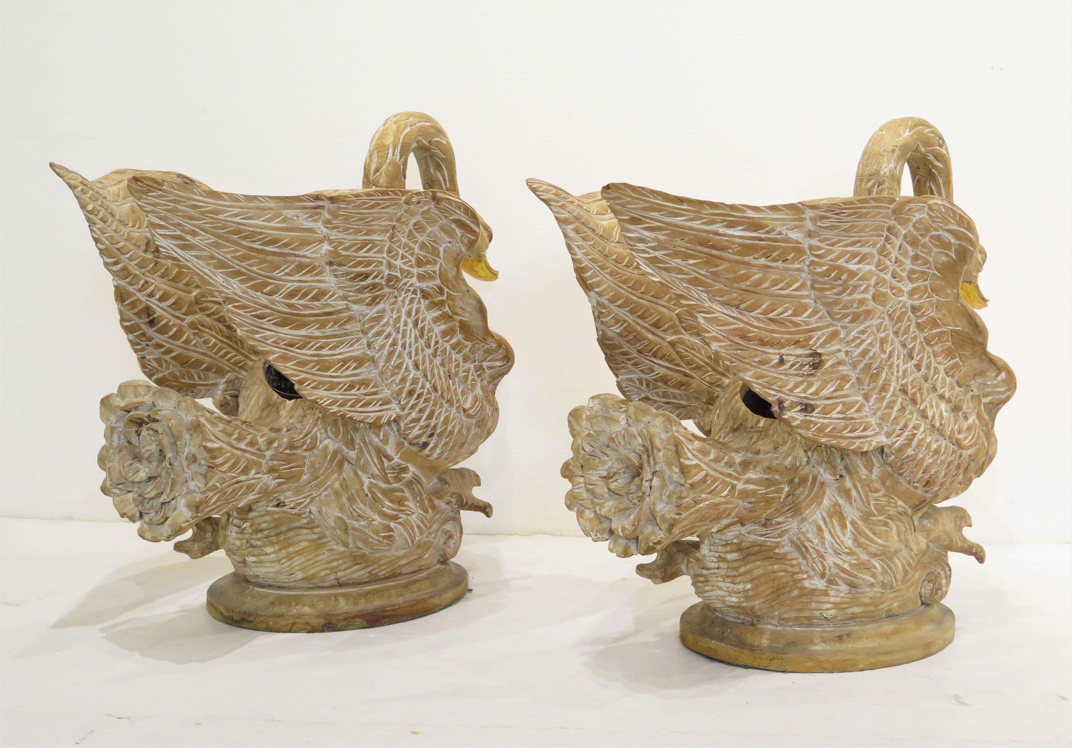 Carved Pair of Wooden Swan Jardinières / Planters For Sale