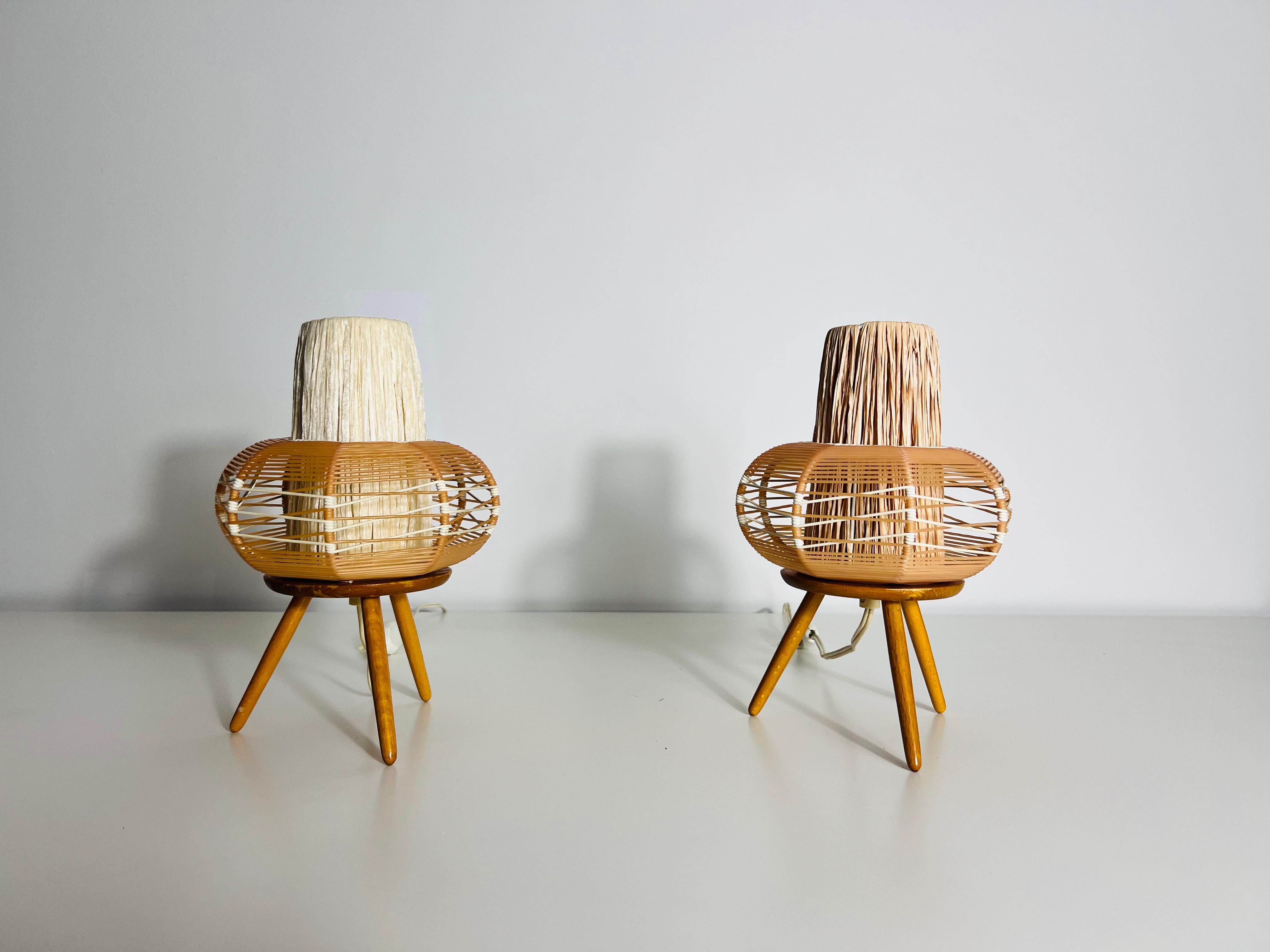 Mid-Century Modern Pair of Wooden Table Lamps, circa 1970 For Sale
