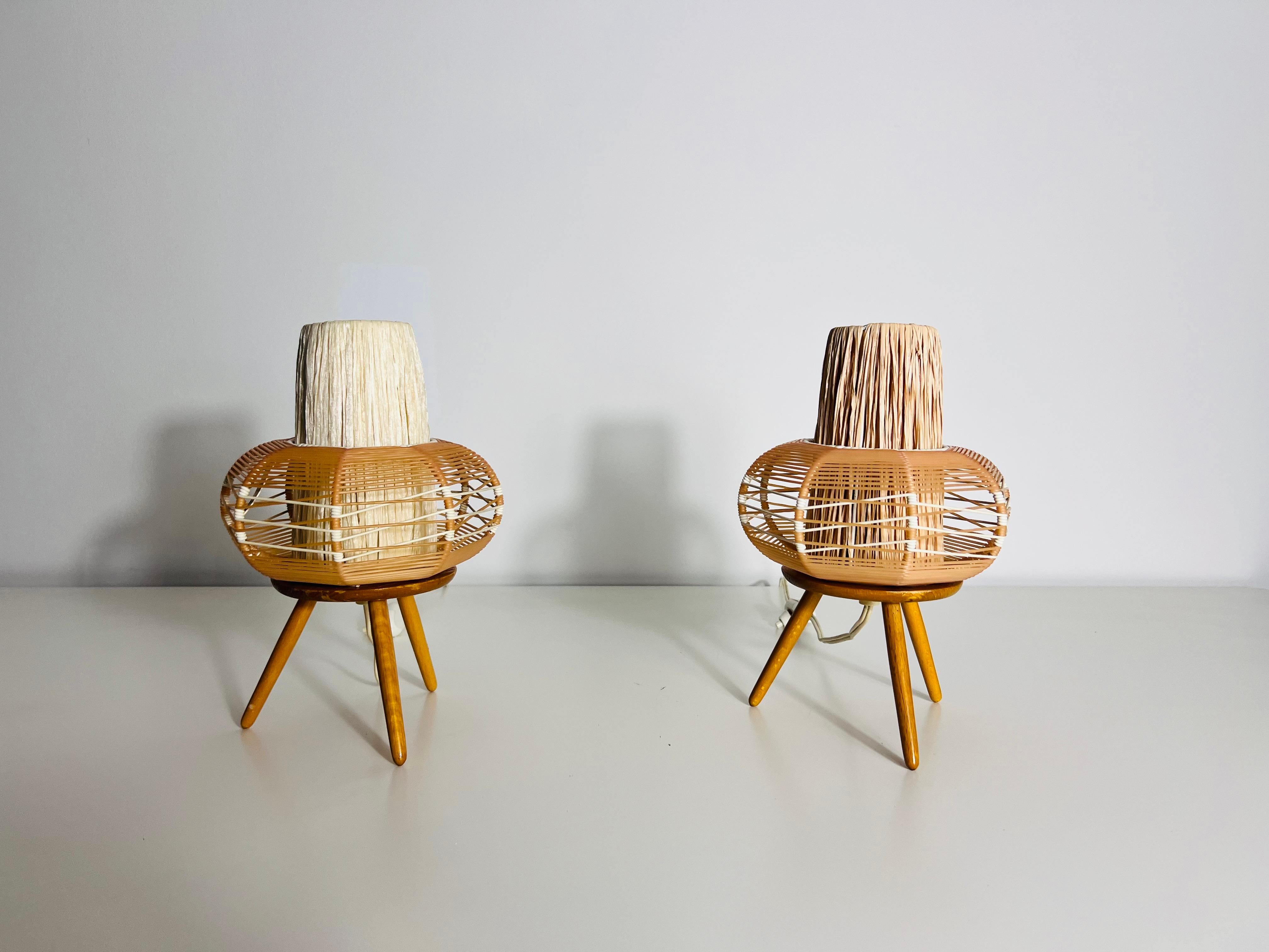 Swiss Pair of Wooden Table Lamps, circa 1970 For Sale