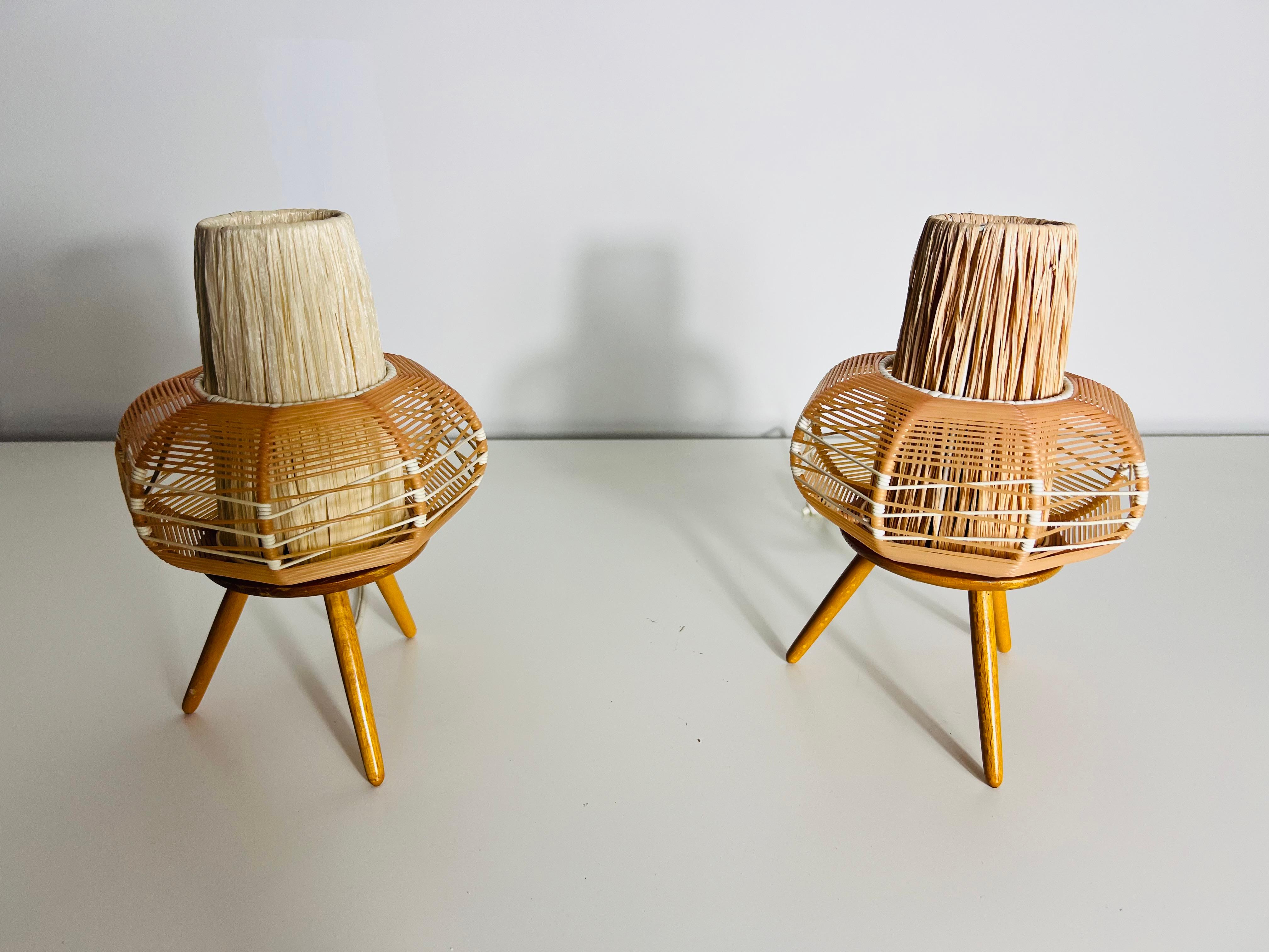 Bamboo Pair of Wooden Table Lamps, circa 1970 For Sale
