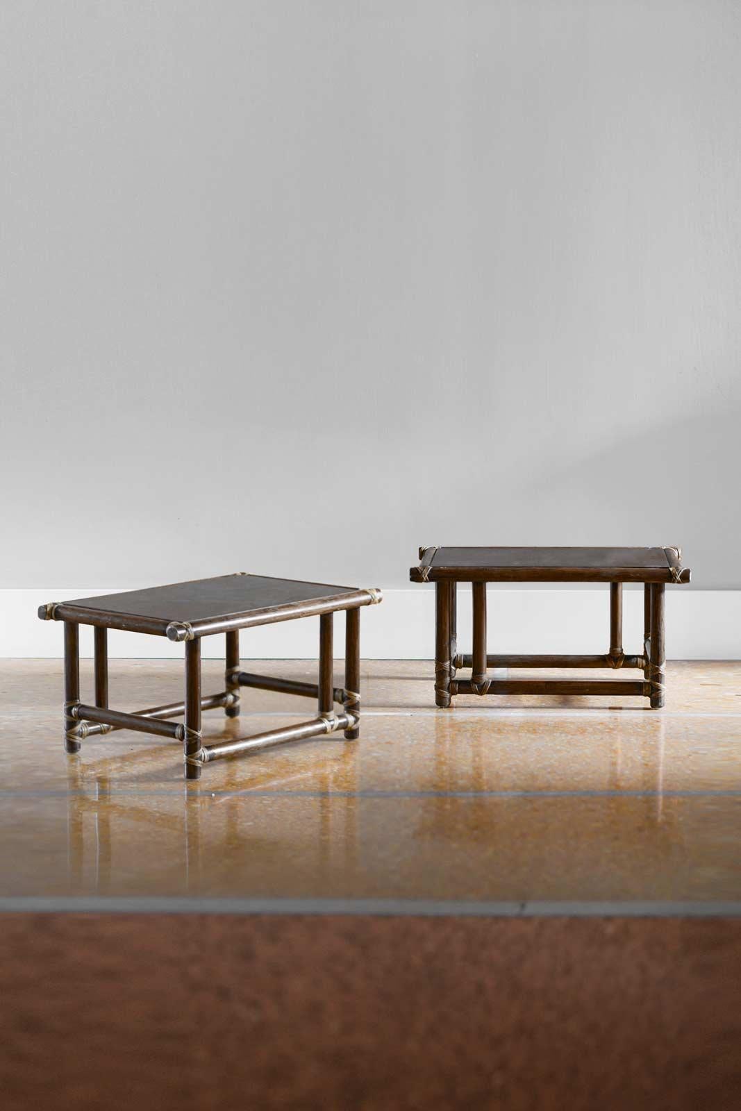 Italian Pair of Wooden Tables with Leather Bindings by Lyda Levi Mcguire San Francisco For Sale