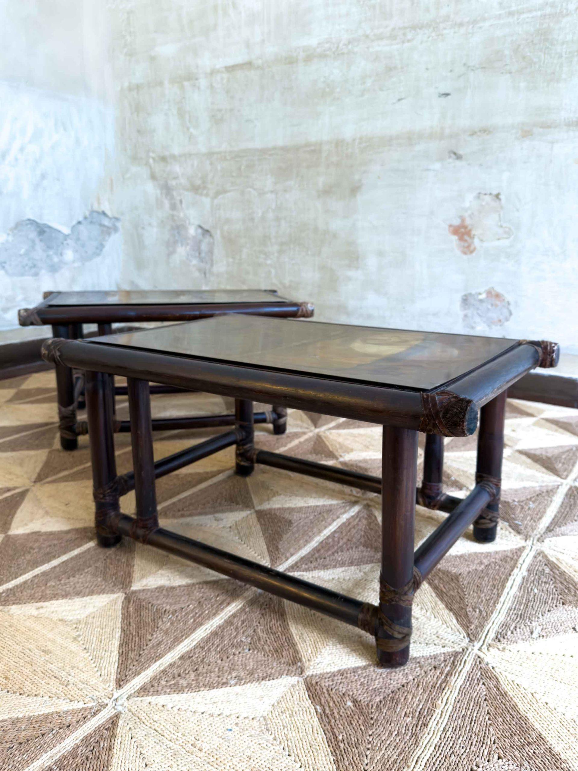 Pair of Wooden Tables with Leather Bindings by Lyda Levi Mcguire San Francisco In Good Condition For Sale In Roma, RM