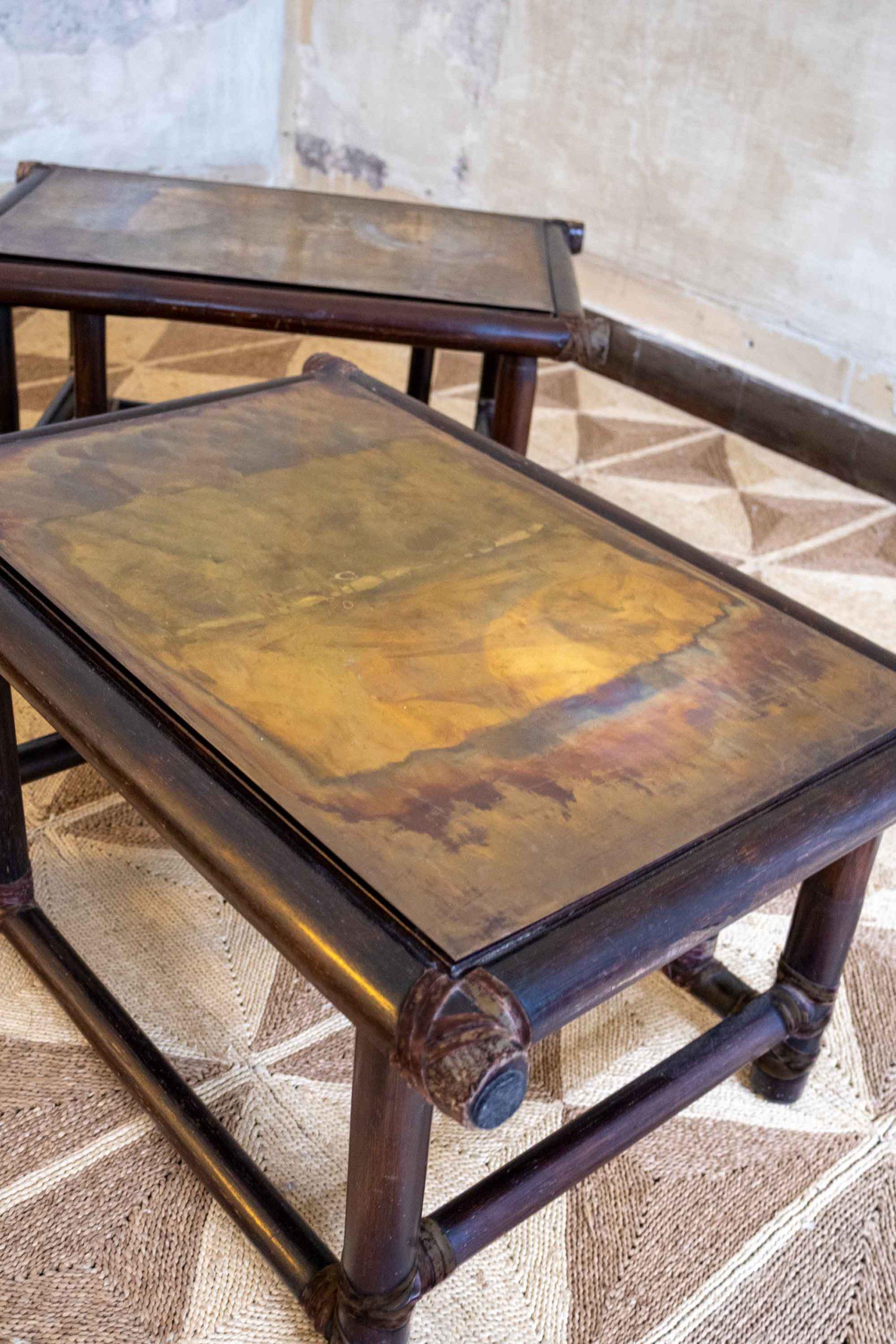 Bamboo Pair of Wooden Tables with Leather Bindings by Lyda Levi Mcguire San Francisco For Sale