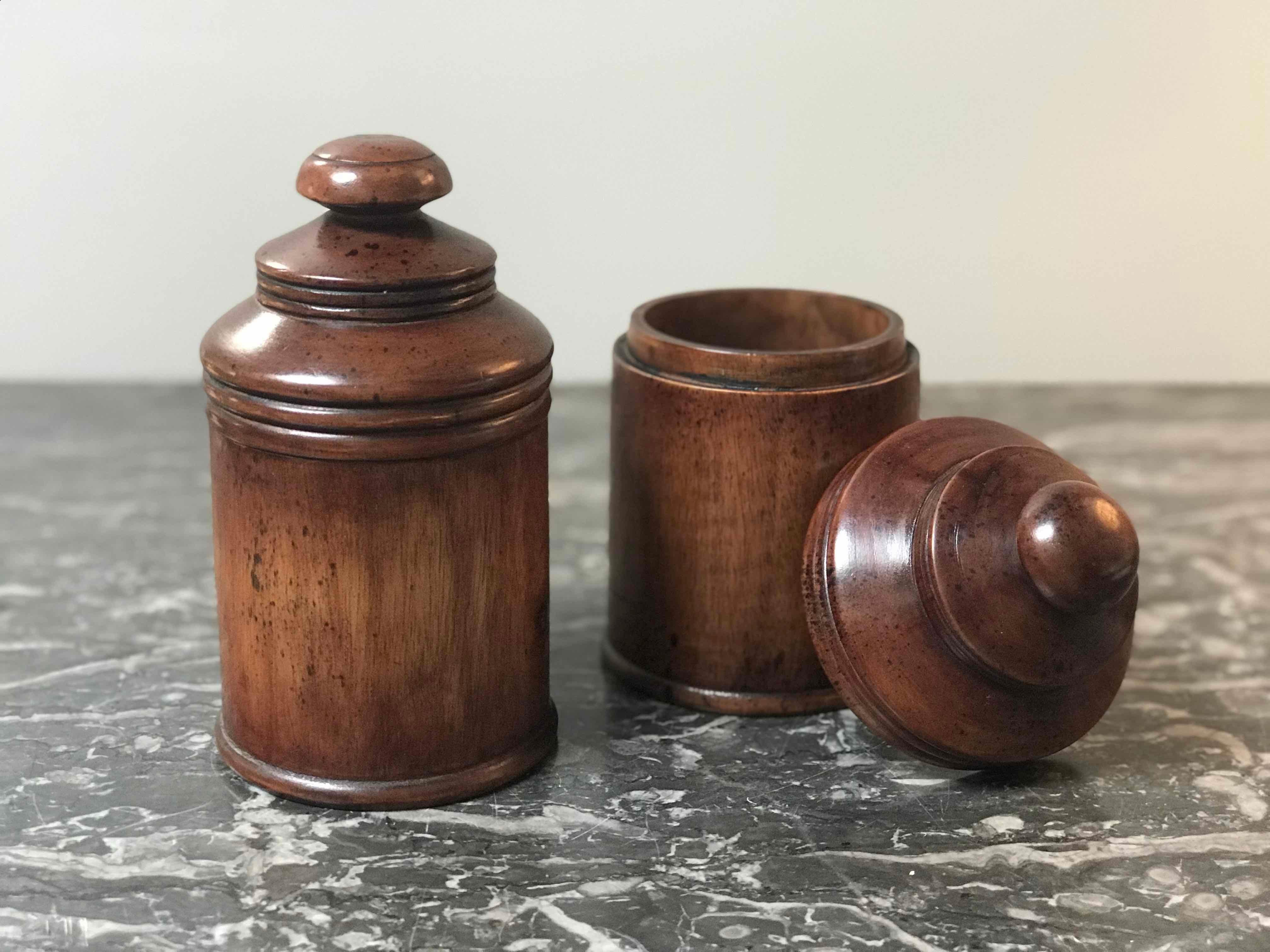 English Pair of Wooden Treen Pots with Lids from Late 19th Century England