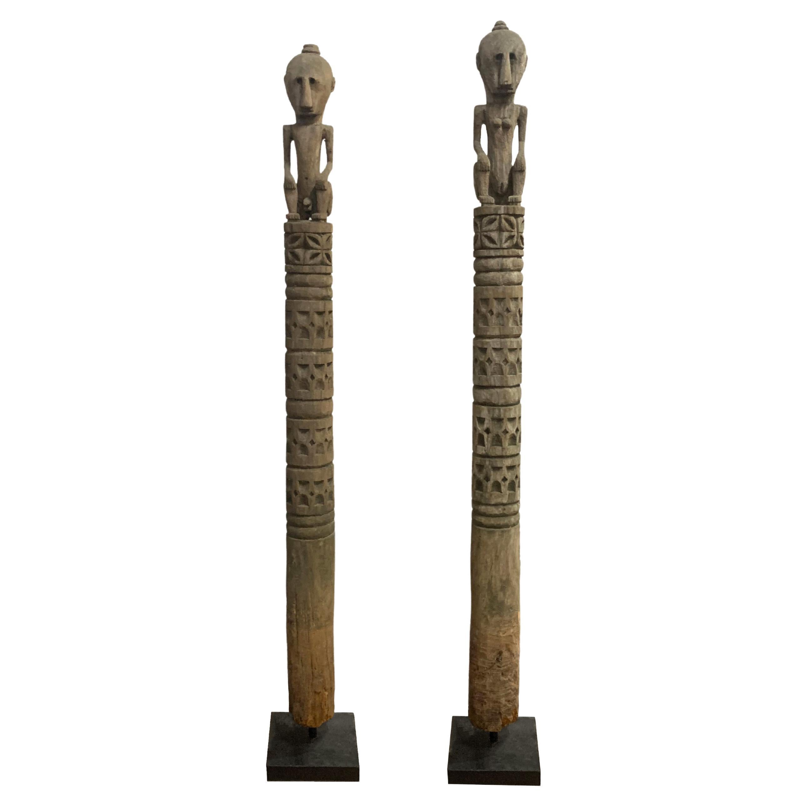 Pair of Wooden Tribal Sculpture / Carving of Ancestral Figures, Timor, Indonesia