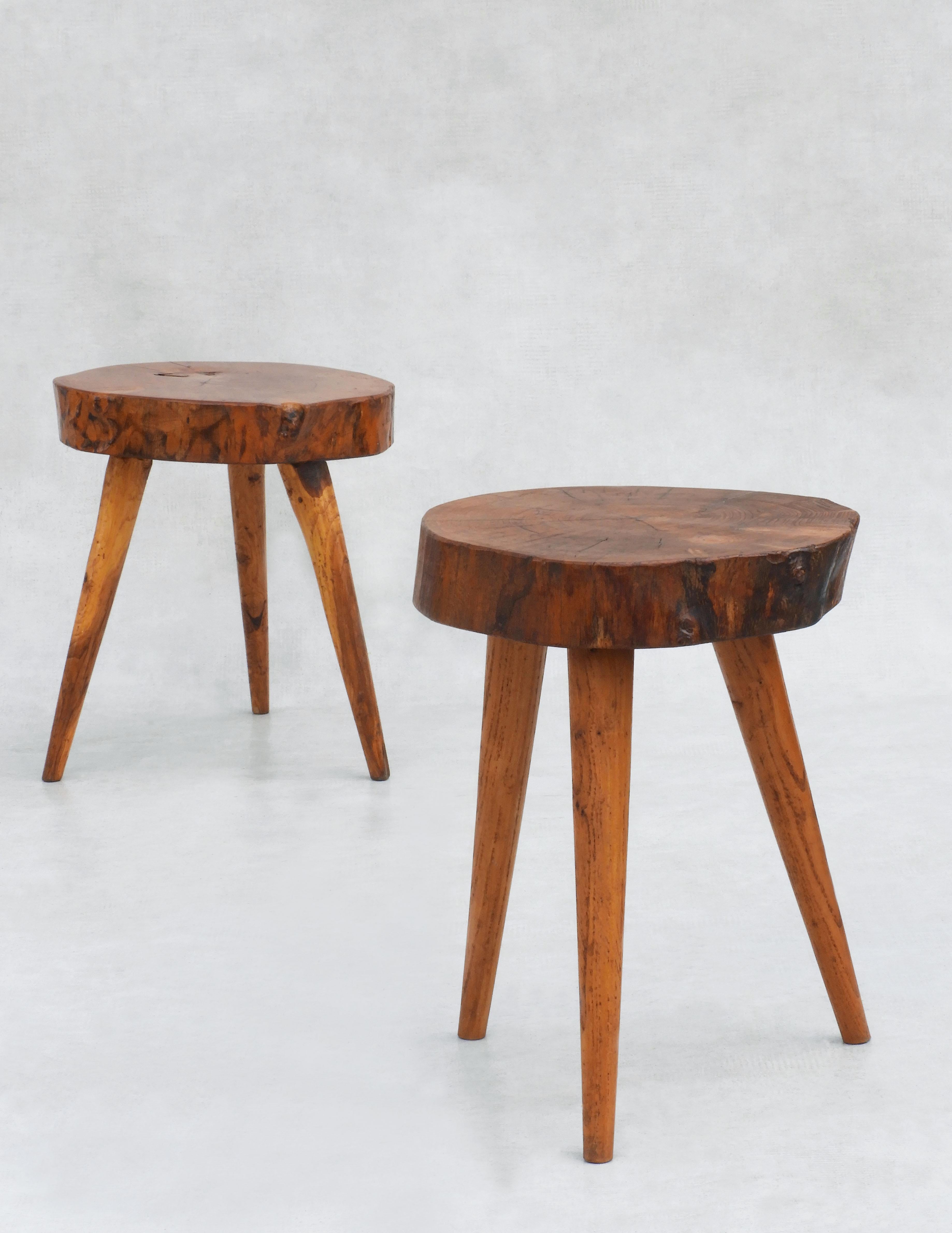 Folk Art Pair of Tripod Stools, Side Tables or Nightstands C1950s France 