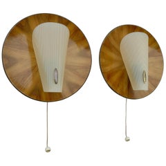 Retro Pair of Wooden Wall Bed Lamps with Fine Brass Details, Italy, 1950s