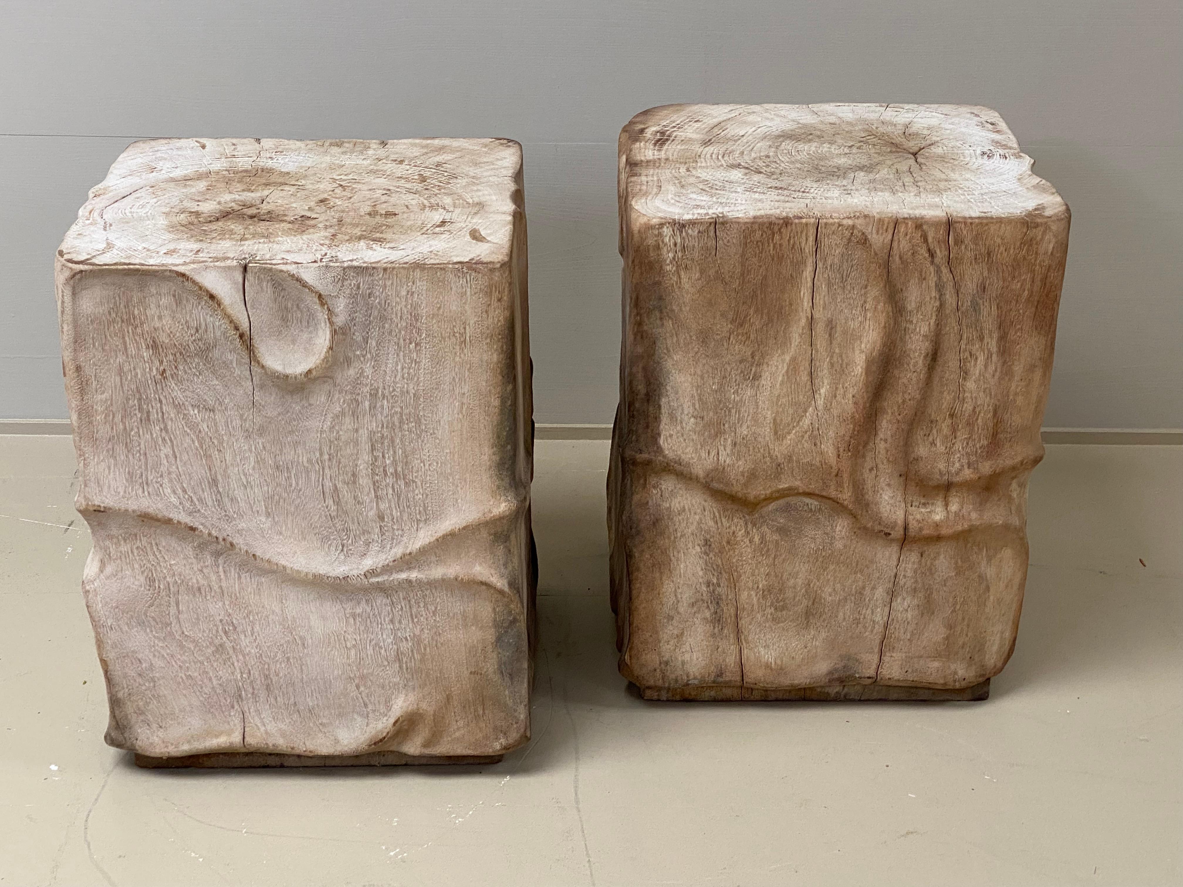 Beautiful pair of Wooden Stools/Tables in a bleached SUAR wood,
Great blond/greyish patina and a warm and worn finish of the wood,
Can be used as tables or stools, multifunctional objects,
Nice stylish linear carvings.