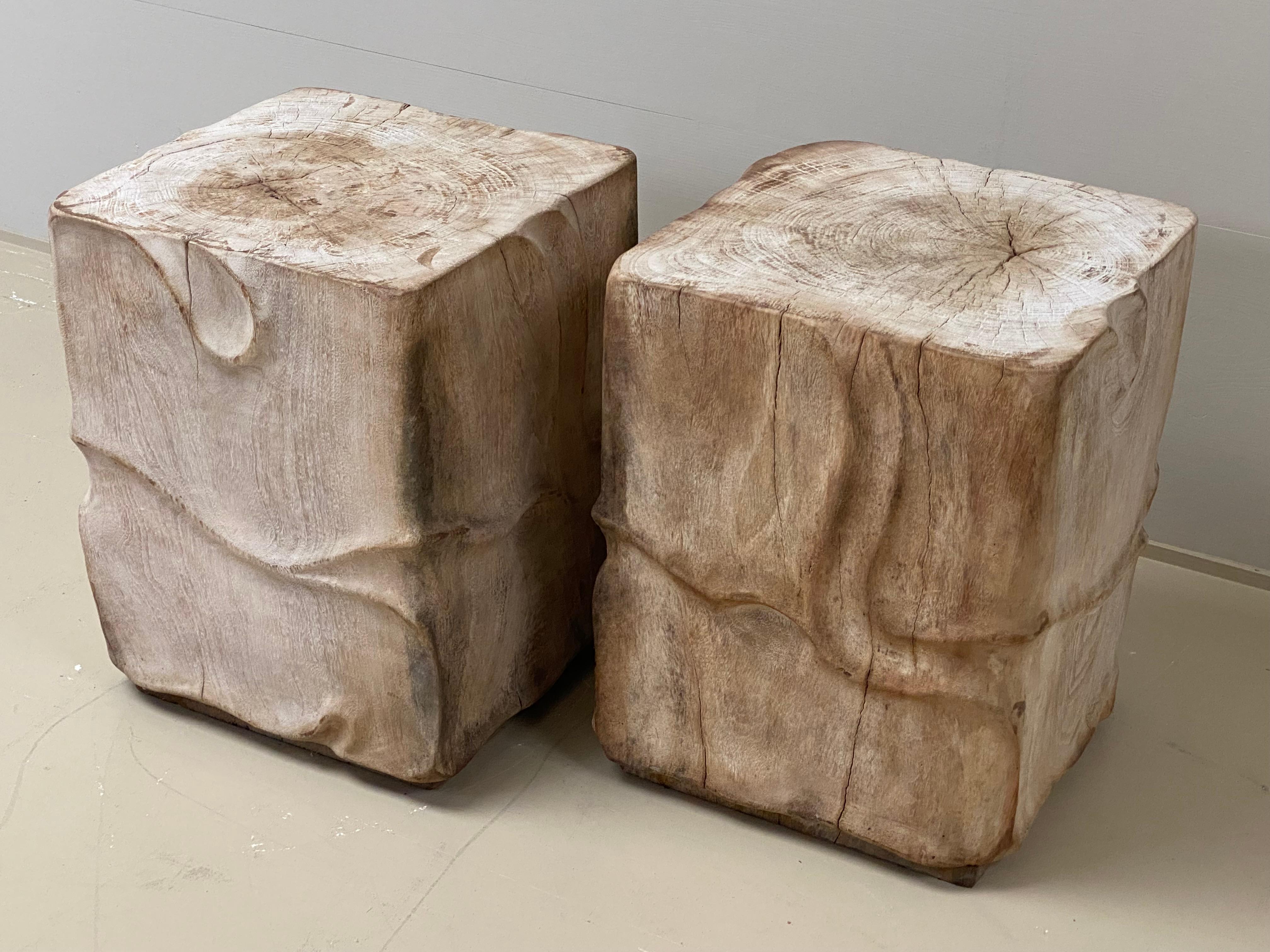 Indonesian Pair of Wooden, Brutalist Side Side Tables - Rustic Wooden Stools.