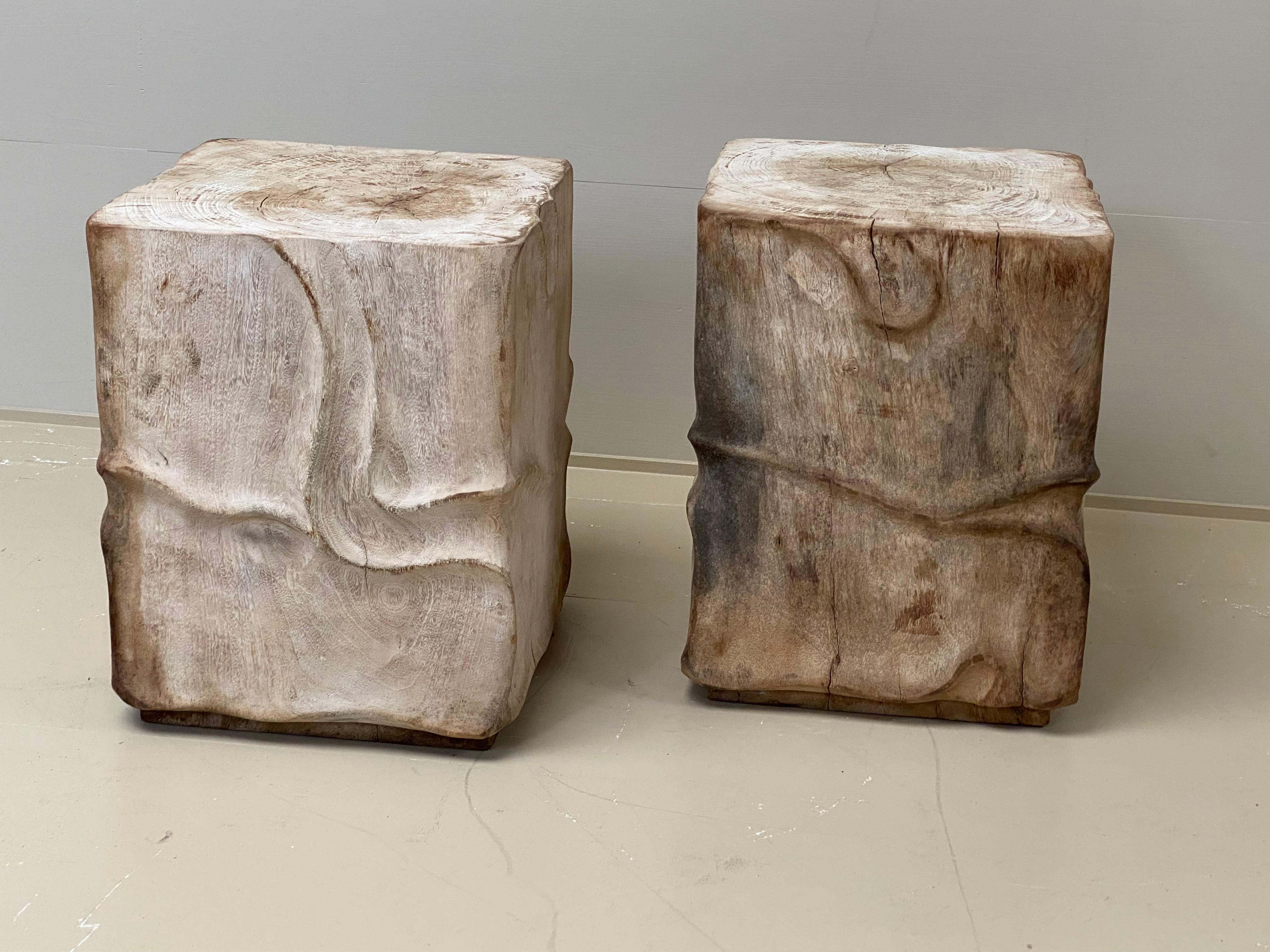Pair of Wooden, Brutalist Side Side Tables - Rustic Wooden Stools. 2