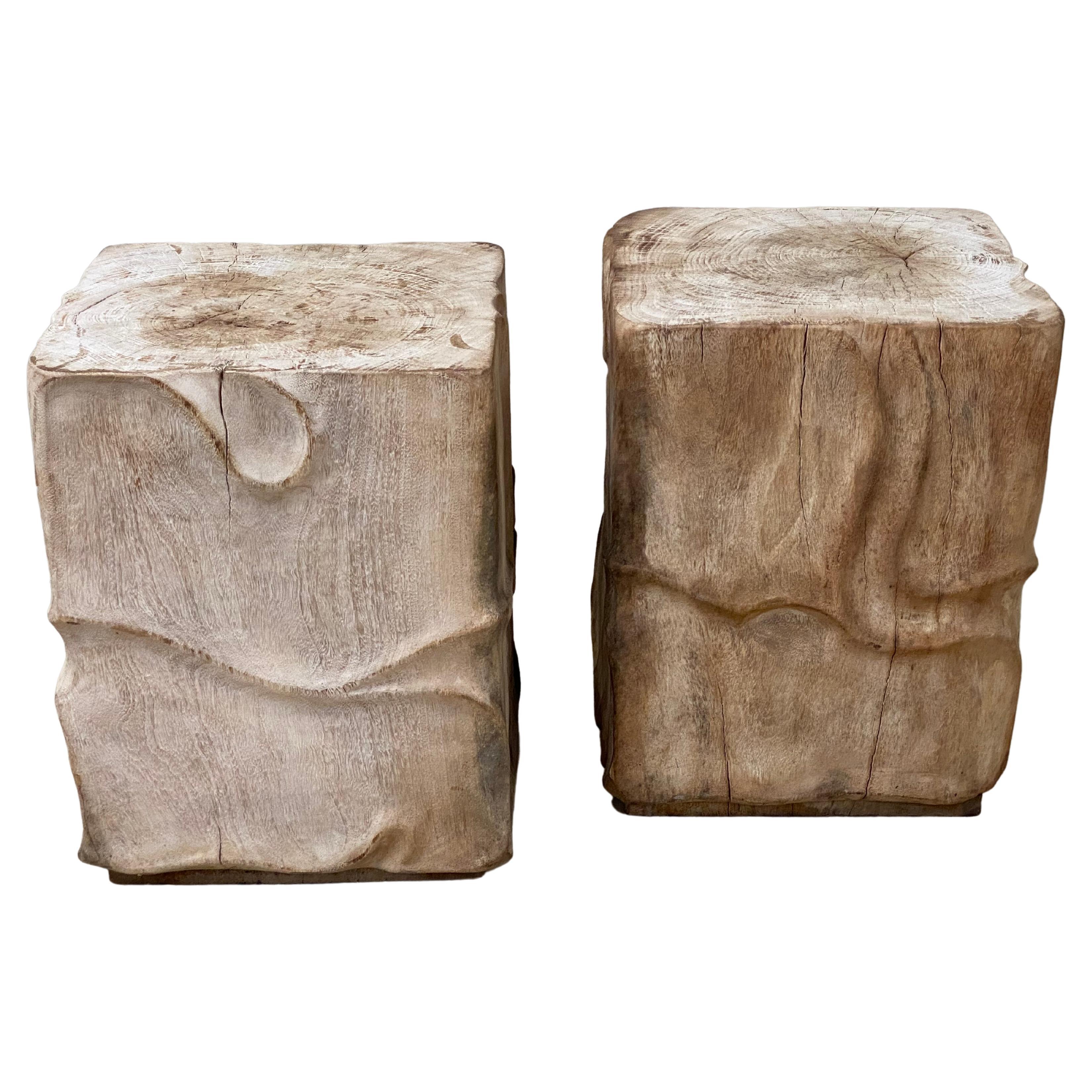 Pair of Wooden, Brutalist Side Side Tables - Rustic Wooden Stools.