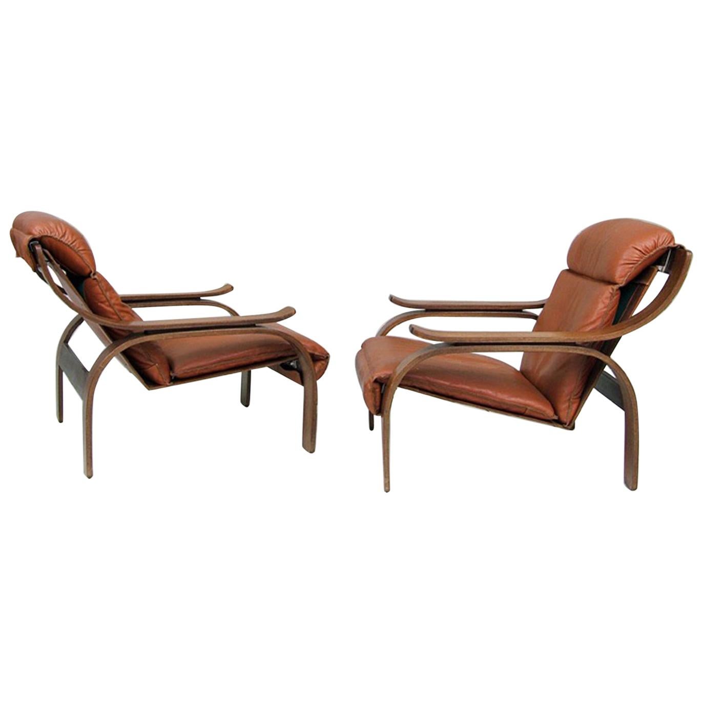 Pair of "Woodline" Cognac Leather Armchairs, by Marco Zanuso, Arflex, Italy 1964