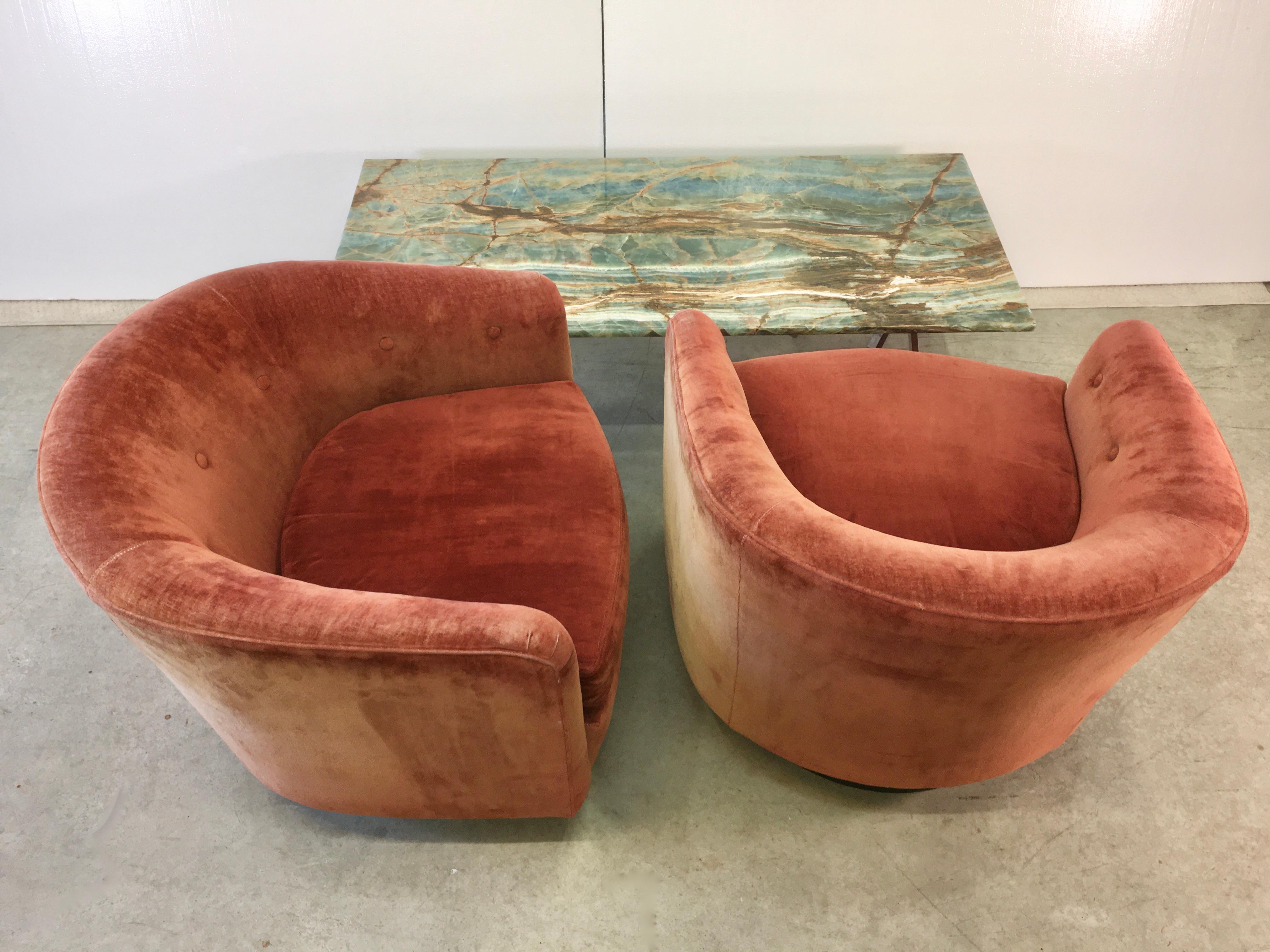 Pair of Woodmark Originals Swivel Chairs Style of Milo Baughman 3