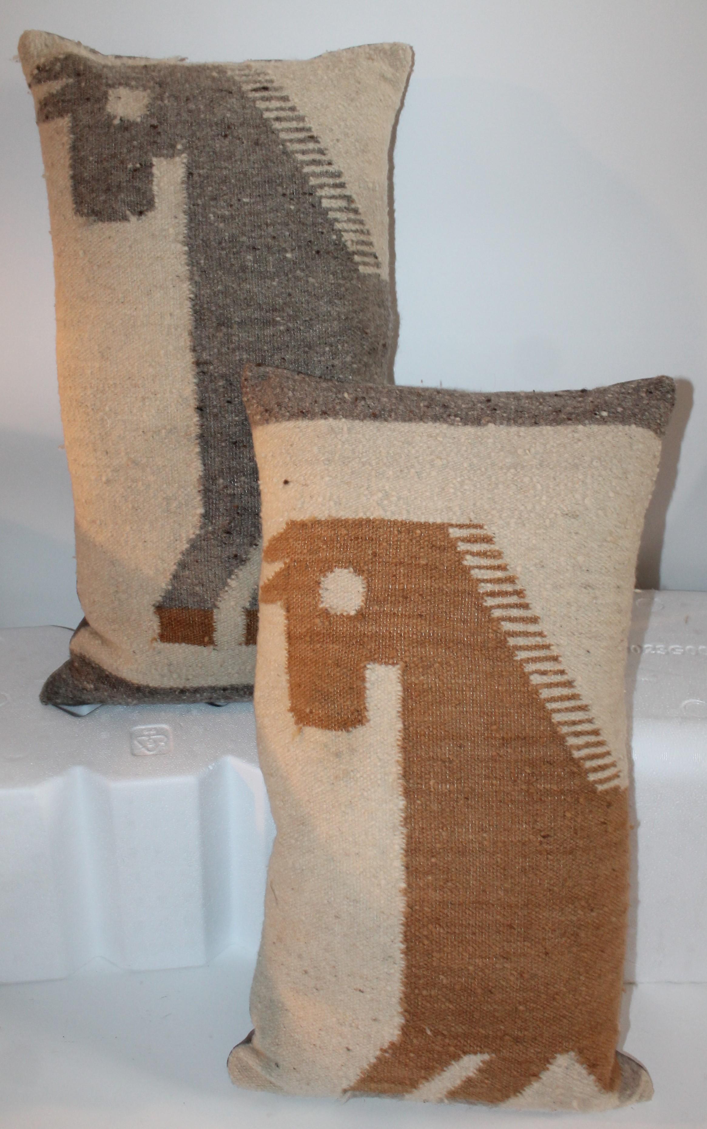 Mexican Indian weaving pillows with horses and cotton linen backing. The condition is very good.
 Sold as a pair.