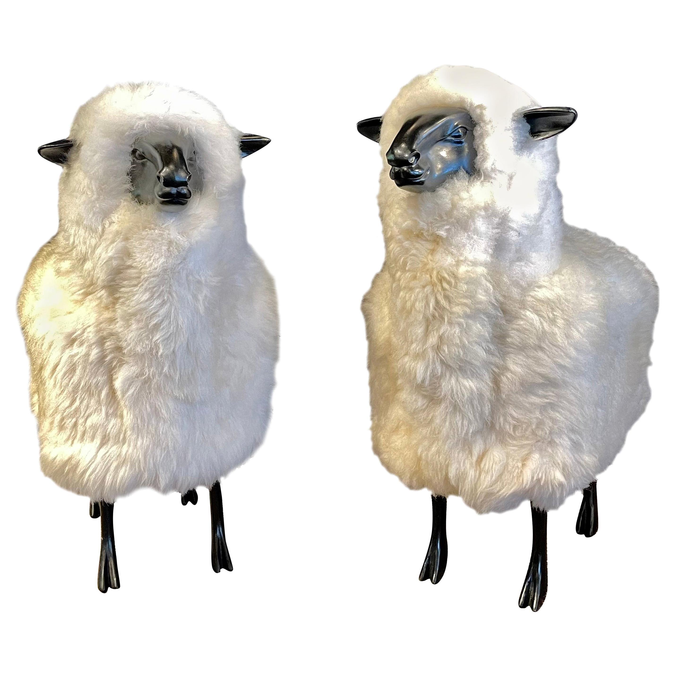 Pair of Mid-Century Modern Francois Lalanne Style Sheep Sculpture, Wool / Resin
