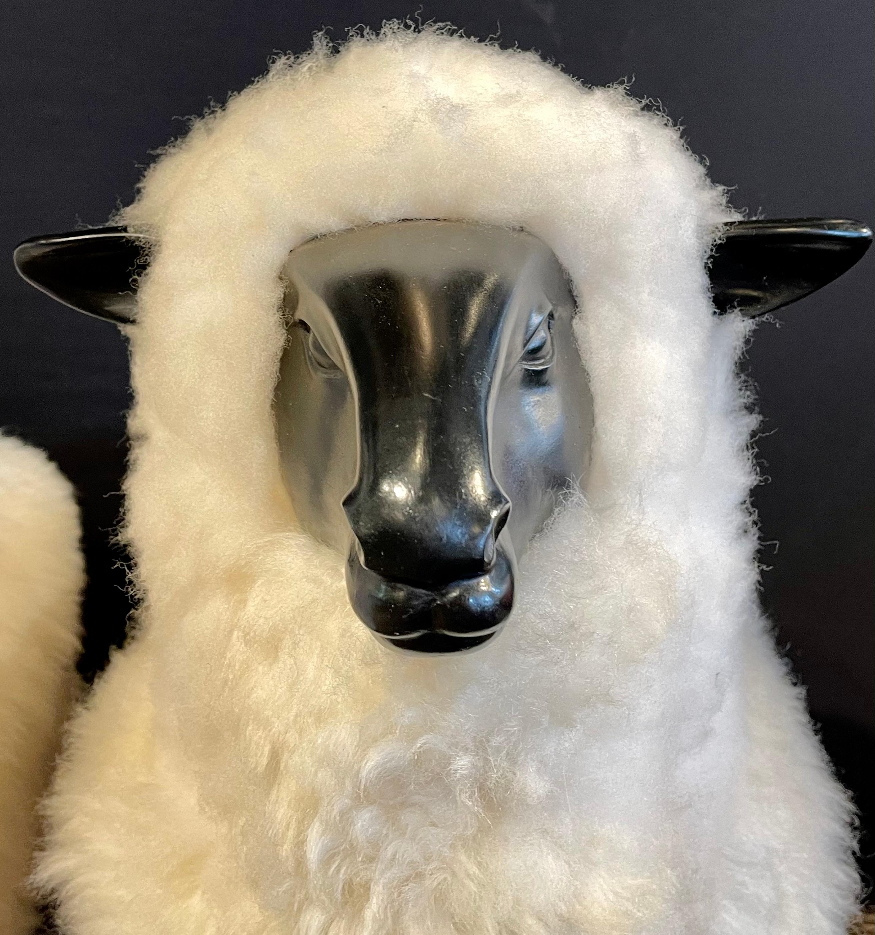 Pair of Mid-Century Modern Francois Lalanne Style Sheep Sculpture, Wool / Resin In Good Condition In Stamford, CT