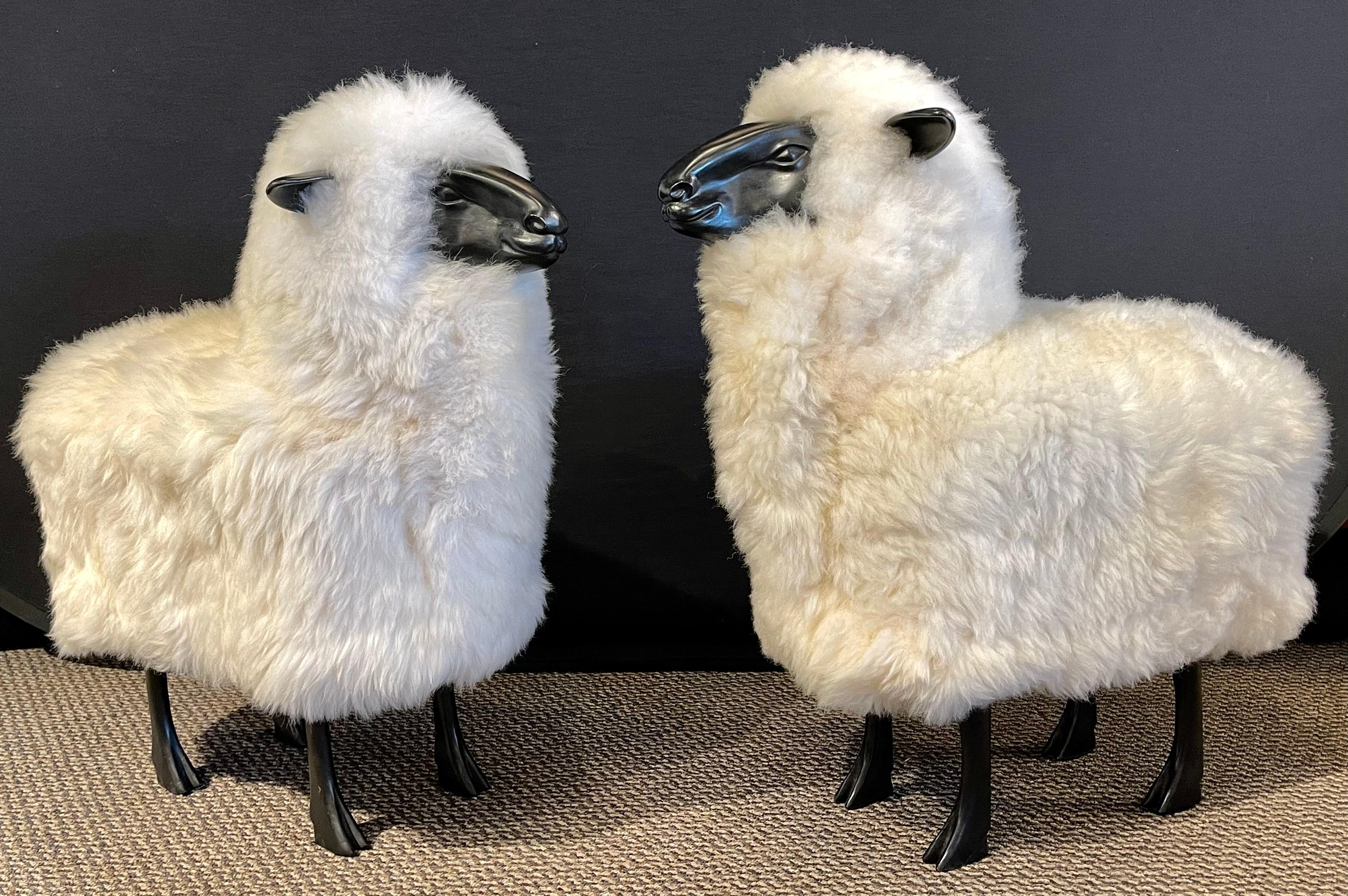20th Century Pair of Mid-Century Modern Francois Lalanne Style Sheep Sculpture, Wool / Resin