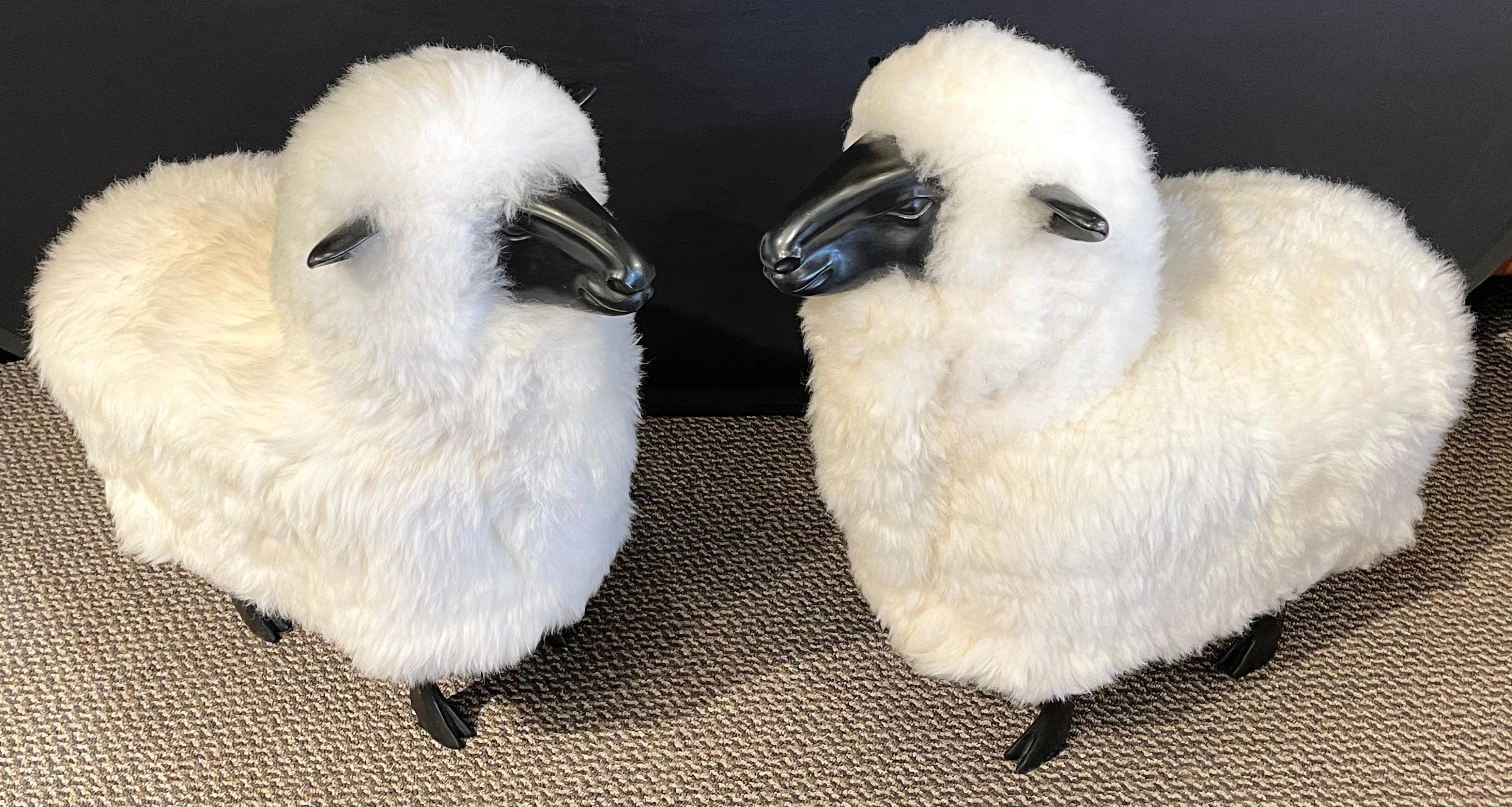 Pair of Mid-Century Modern Francois Lalanne Style Sheep Sculpture, Wool / Resin 1
