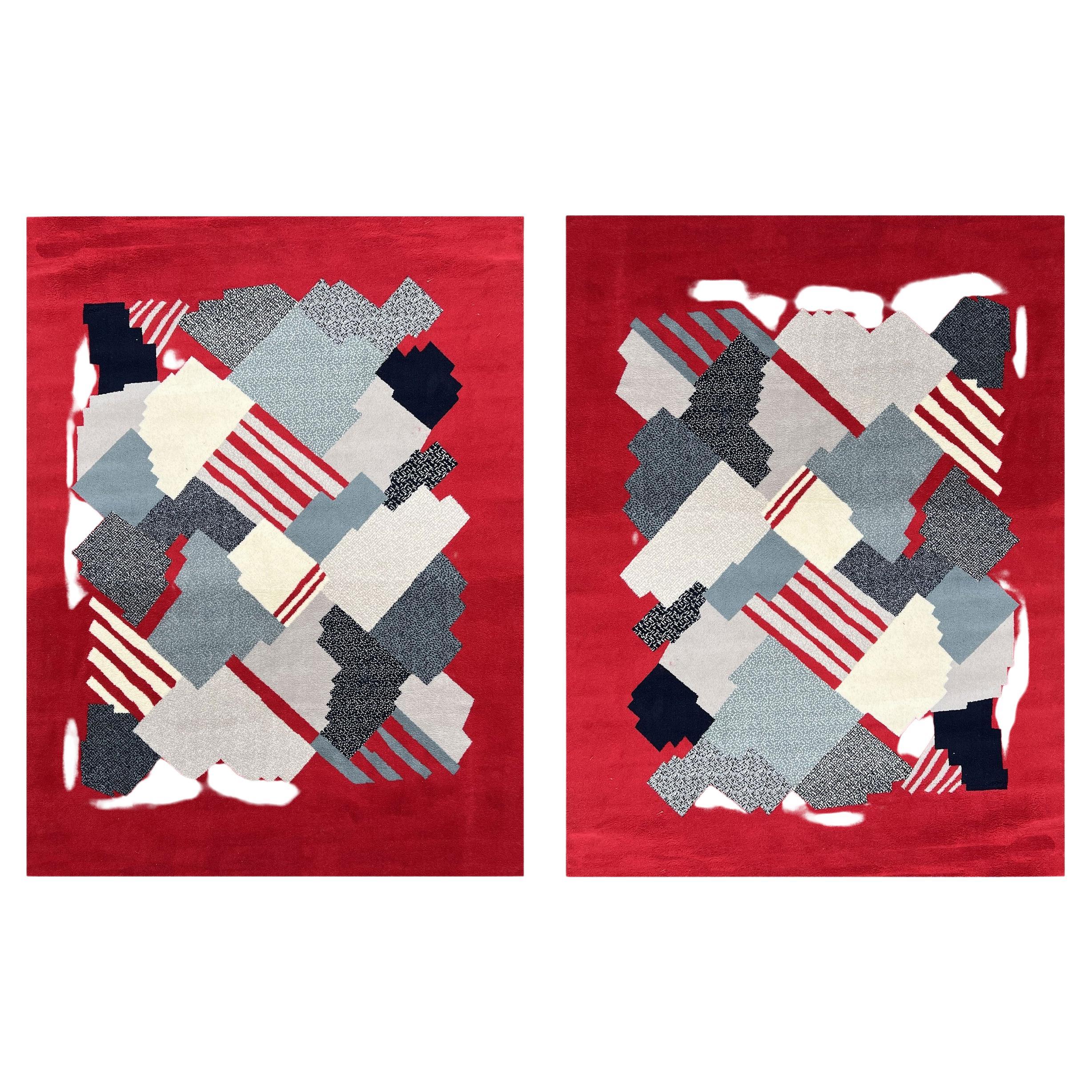 Pair of wool rugs with geometric decoration, France, circa 1970
