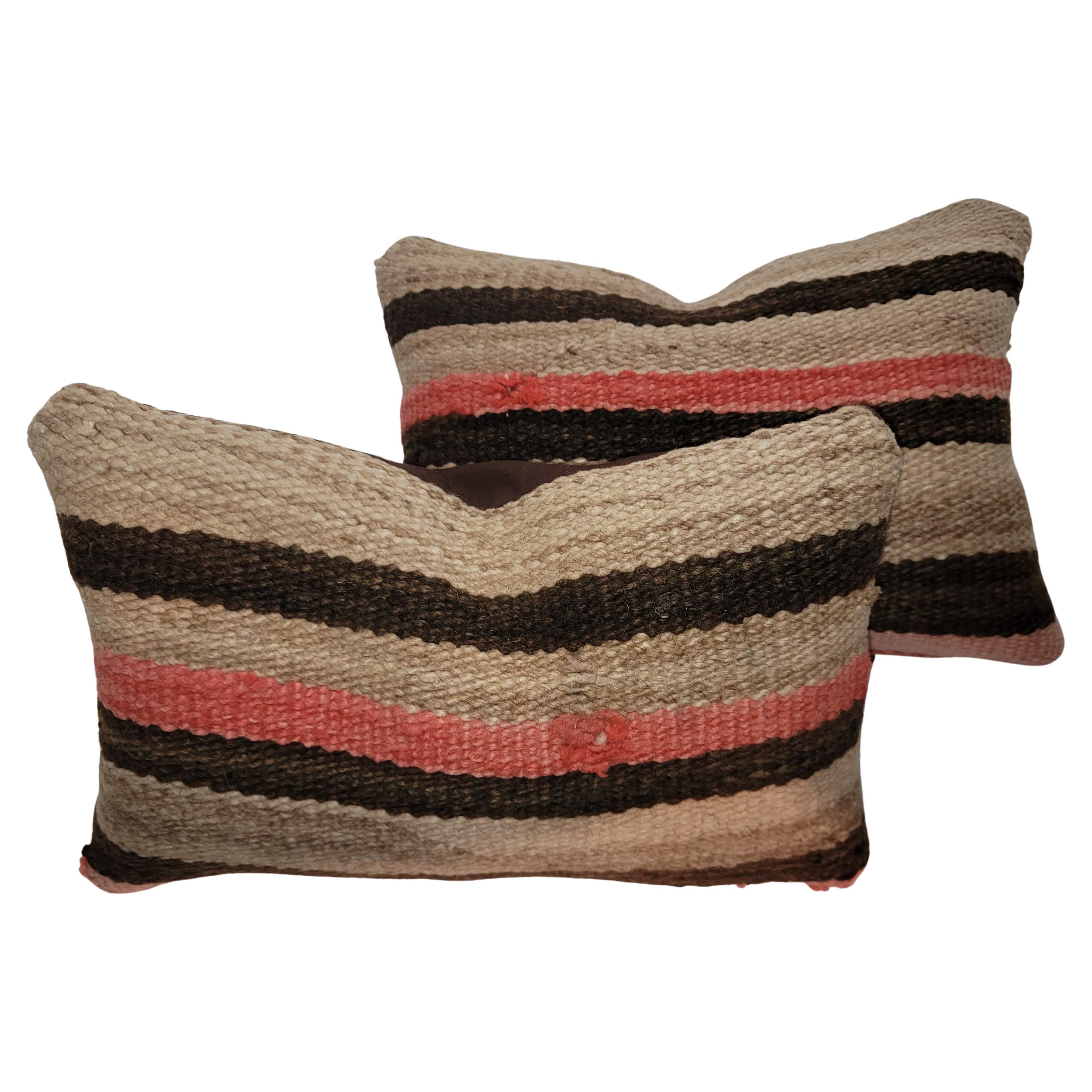 Pair Of Wool Striped Saddle Blanket Pillows For Sale