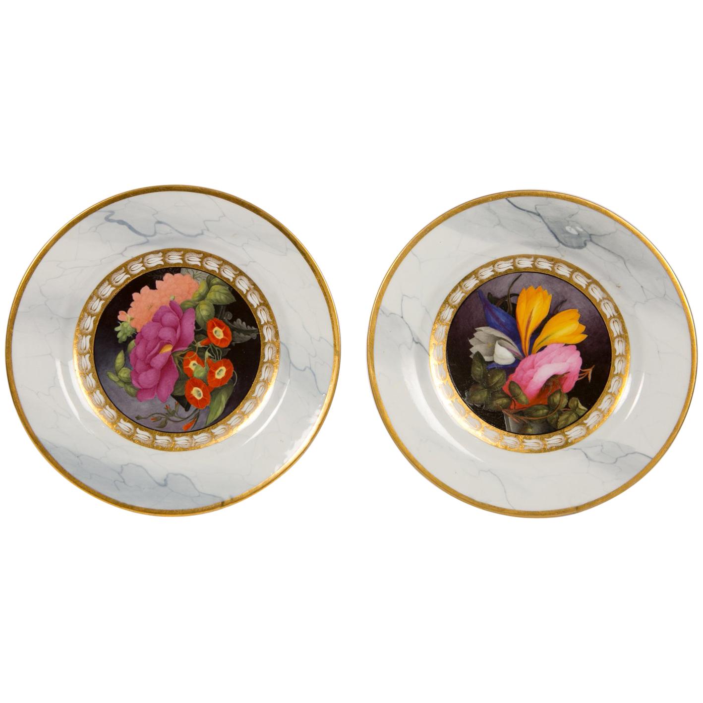 Pair of Worcester Marbled Plates with Flowers Made in England Circa 1810
