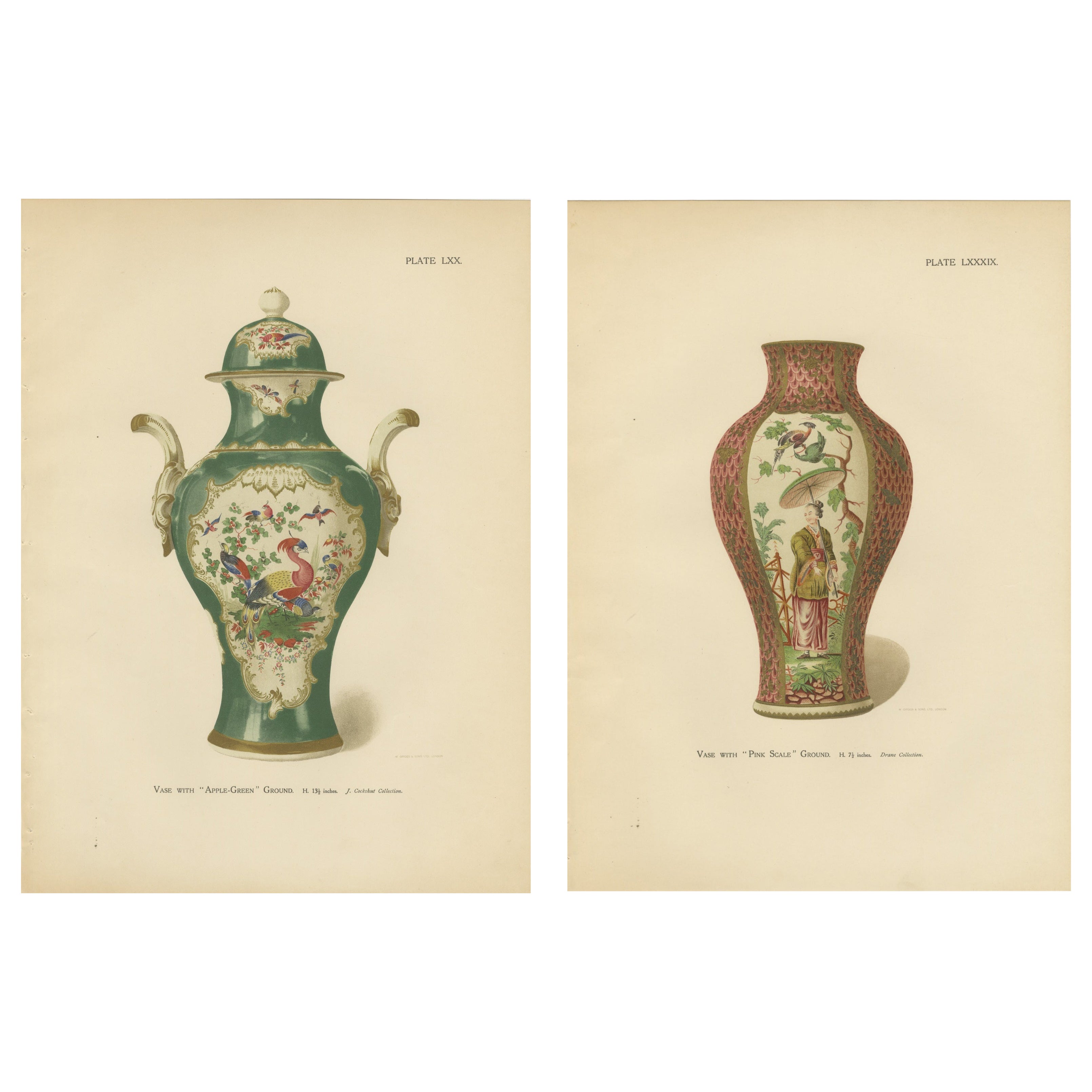 Pair of Worcester Porcelain Vase Designs, Apple-Green 
Pink Scale Grounds, 1910