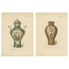 Pair of Worcester Porcelain Vase Designs, Apple-Green 
Pink Scale Grounds, 1910