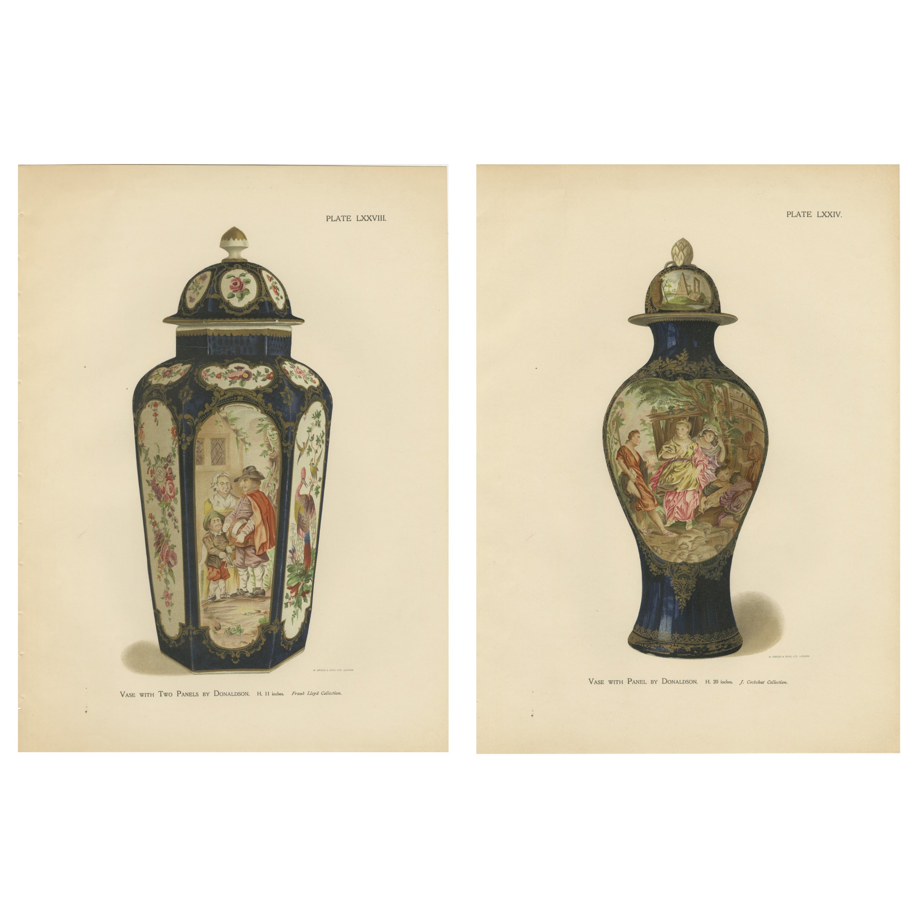 Pair of Worcester Porcelain Vase Designs by Donaldson, Gilt Blue Grounds, 1910