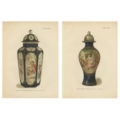 Pair of Worcester Porcelain Vase Designs by Donaldson, Gilt Blue Grounds, 1910