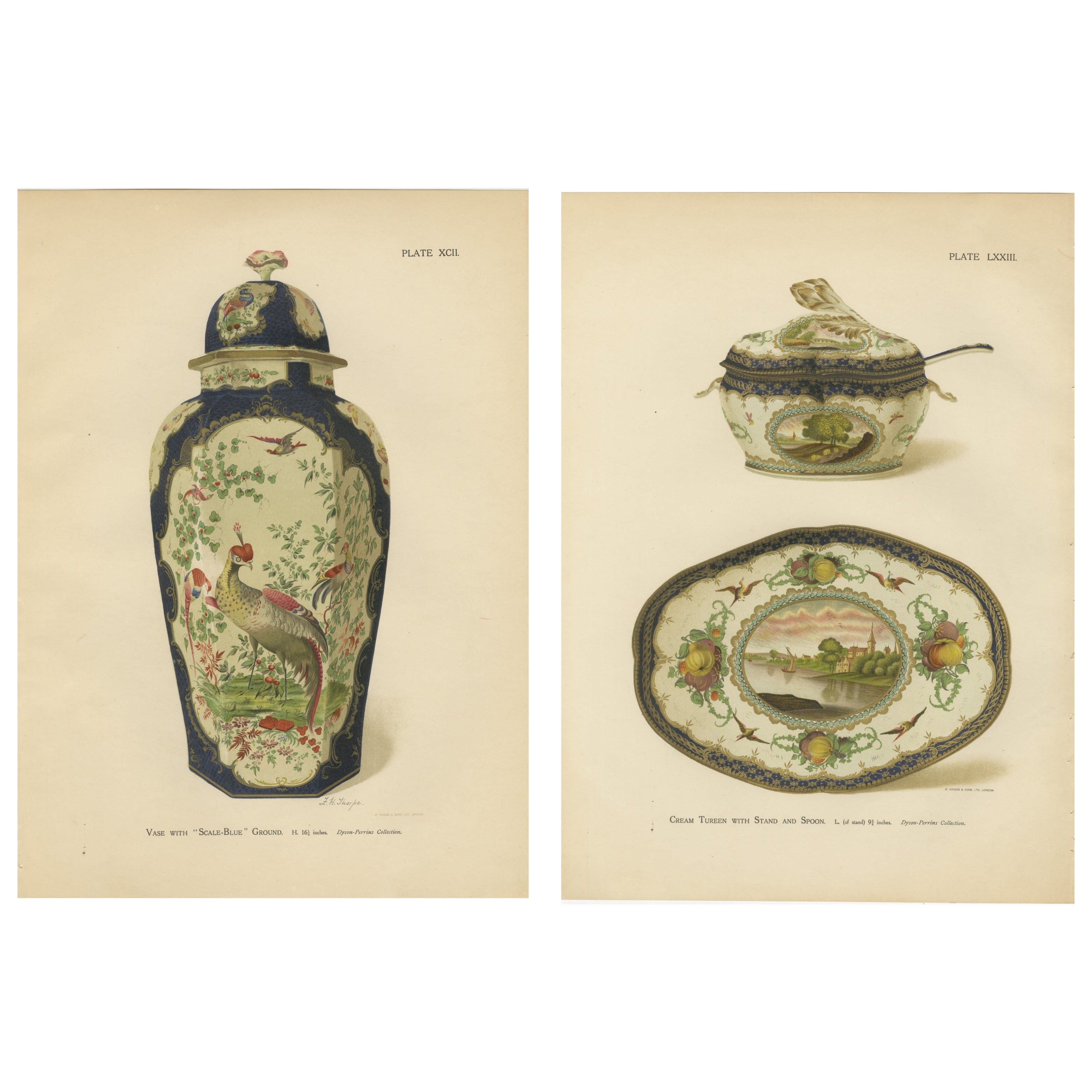 Pair of Worcester Porcelain Vase Designs, Pheasant 
Panels, Gold Decorated 1910