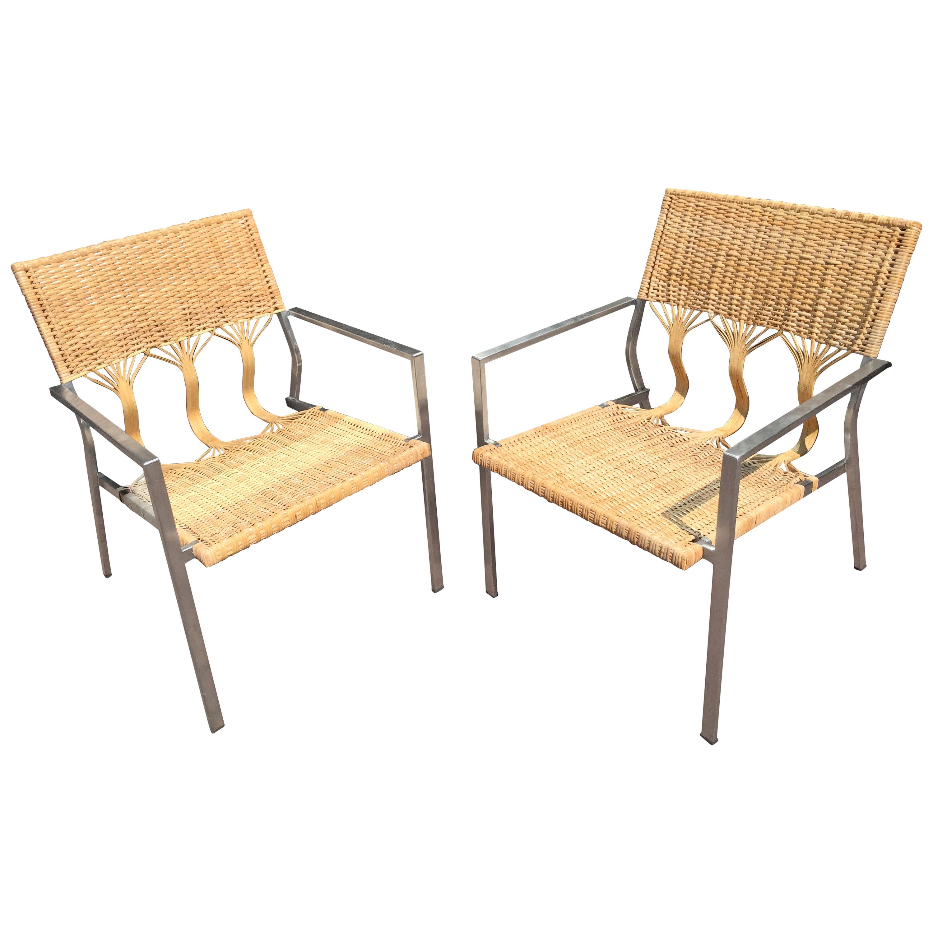 Pair of Woven Bamboo and Rattan Chairs by Adrien Gardere For Sale