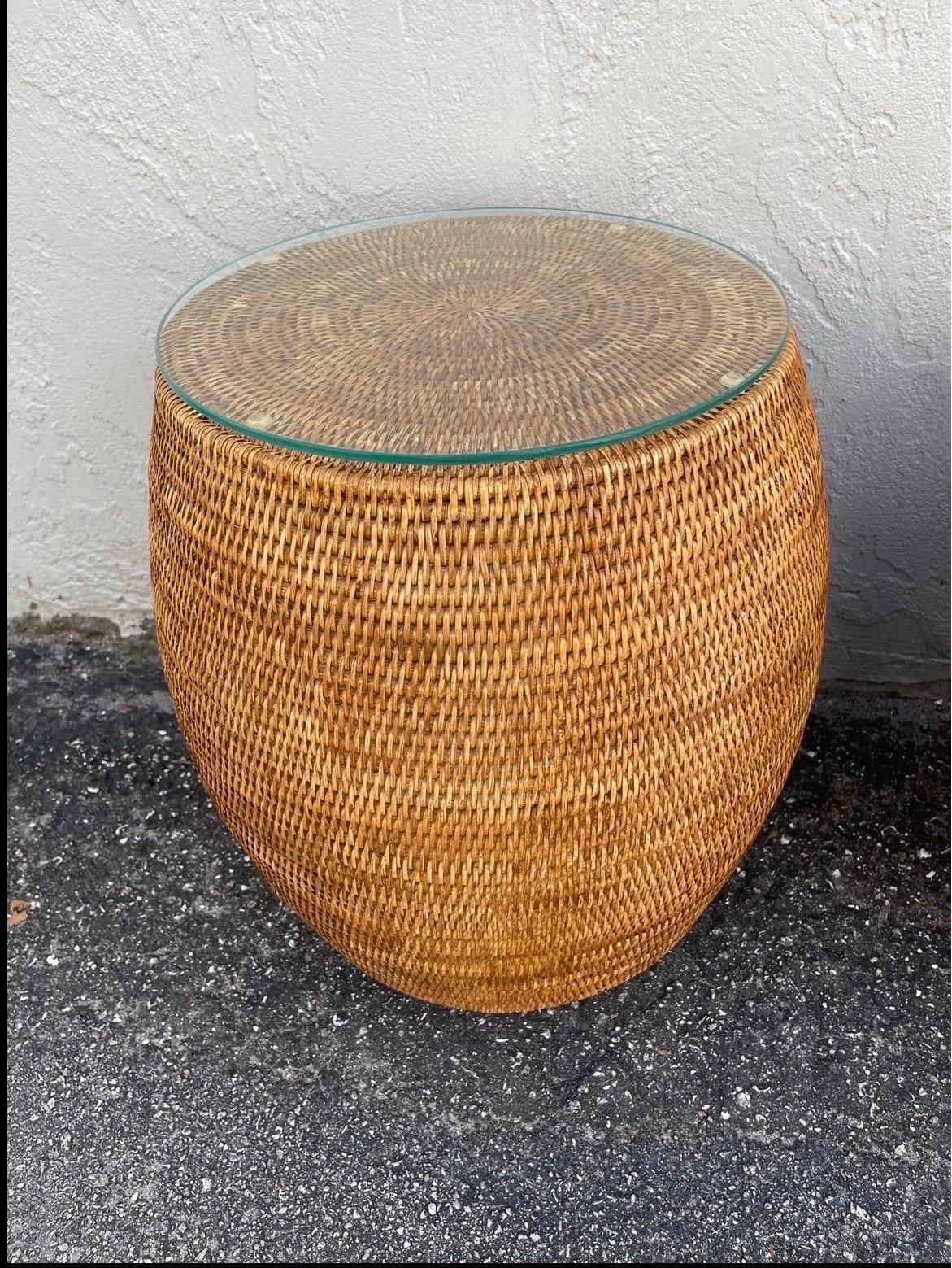 Pair of Woven Bamboo Garden Stool Tables In Good Condition In West Palm Beach, FL
