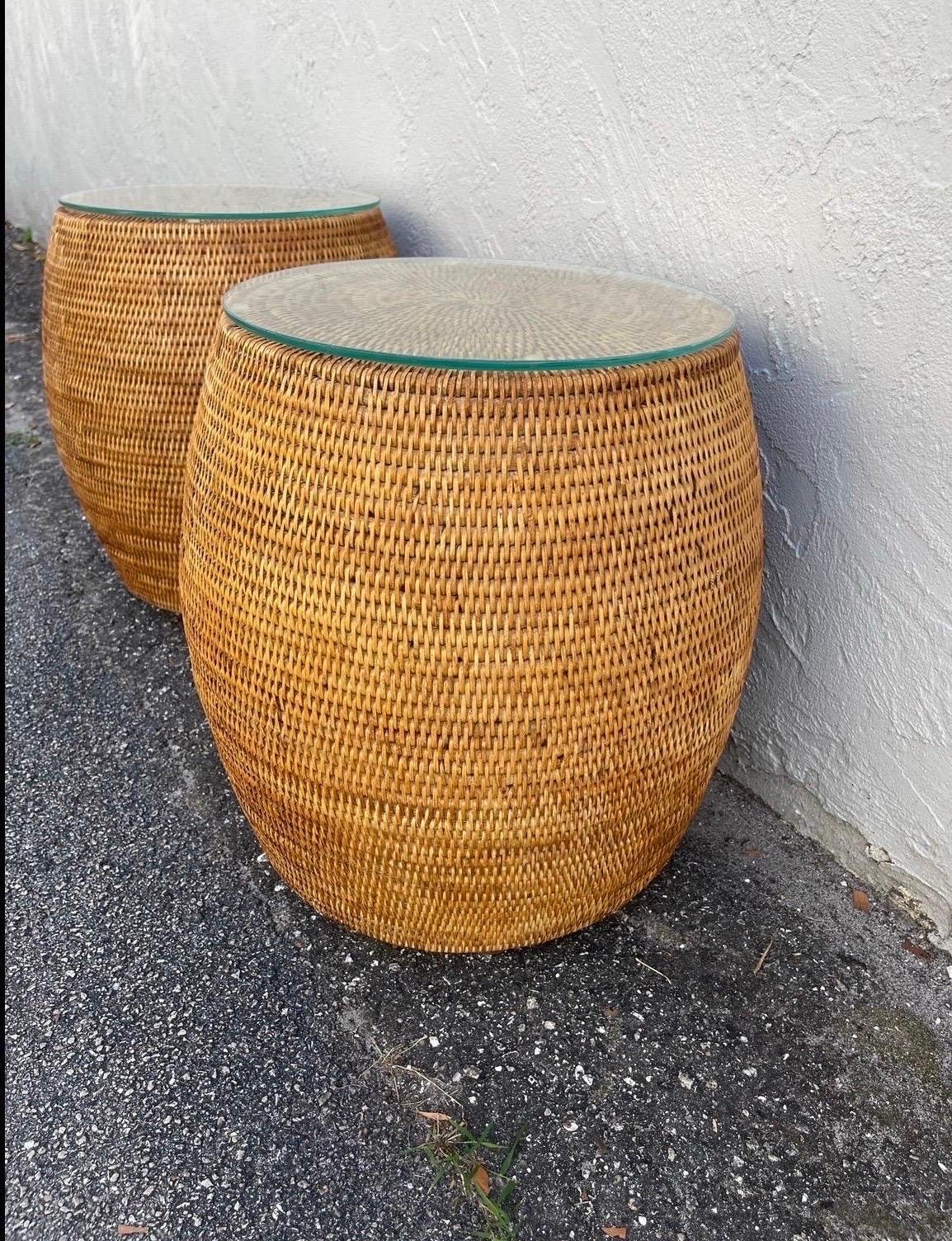 Pair of Woven Bamboo Garden Stool Tables 1