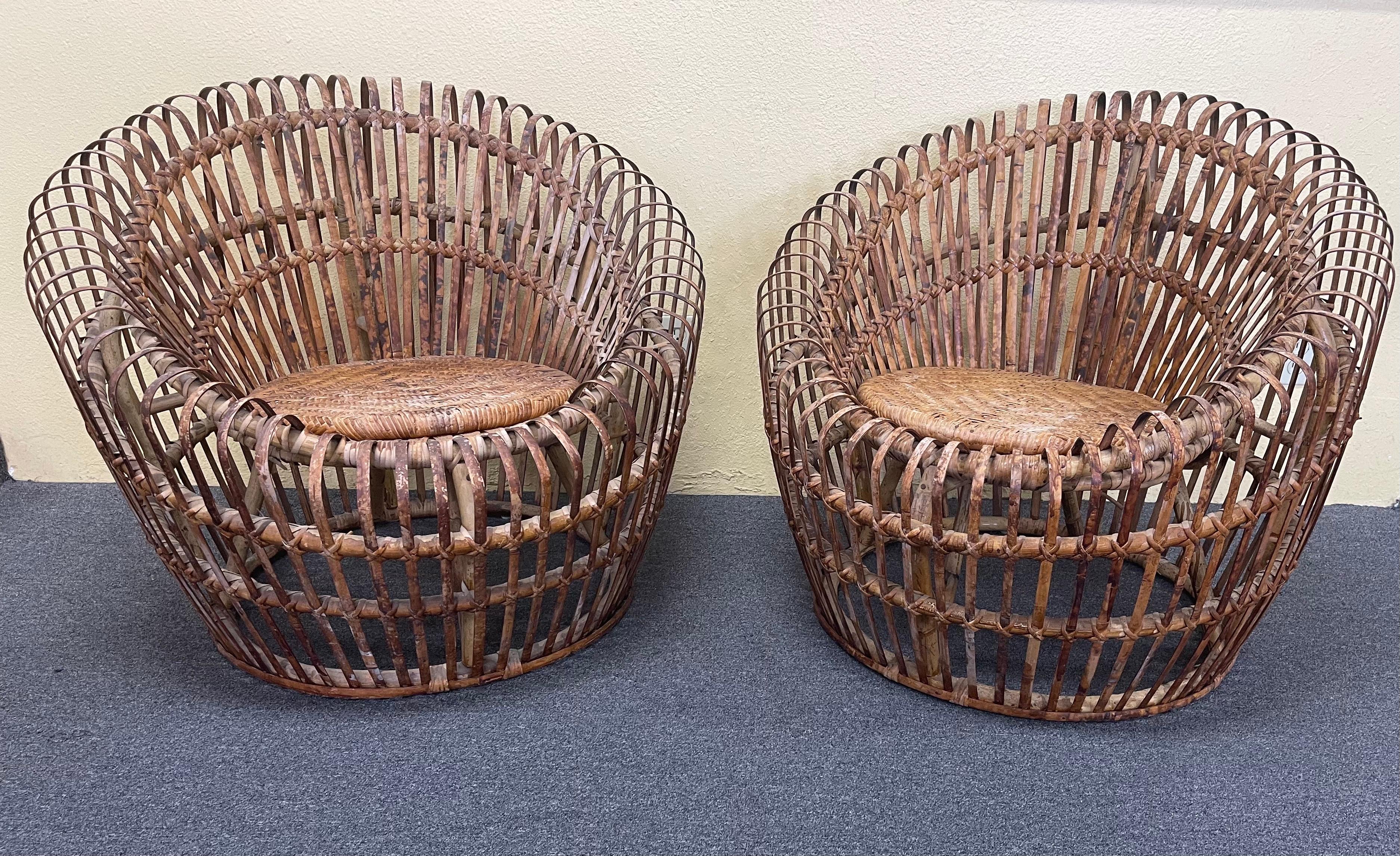 Bohemian Pair of Woven Bamboo Lounge Chairs in the Style of Franco Albini