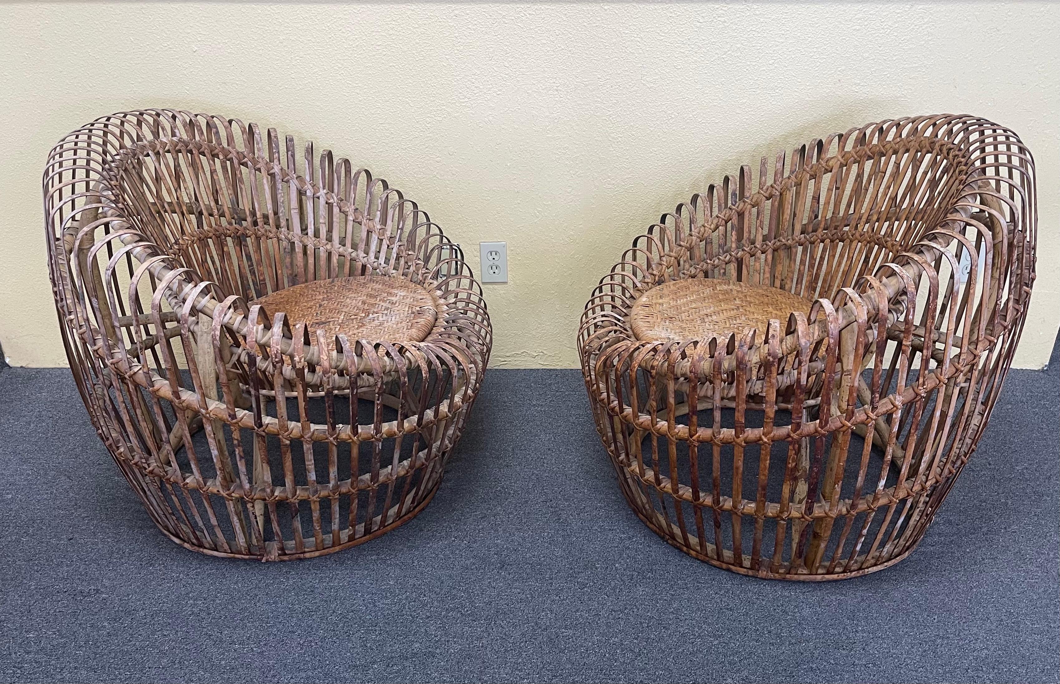 Italian Pair of Woven Bamboo Lounge Chairs in the Style of Franco Albini