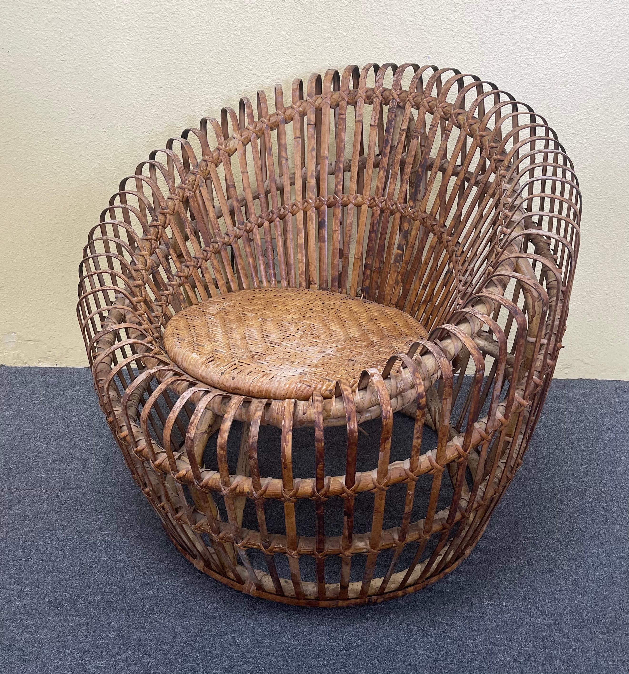 Pair of Woven Bamboo Lounge Chairs in the Style of Franco Albini 2