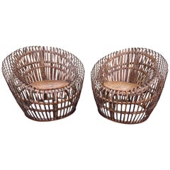 Pair of Woven Bamboo Lounge Chairs in the Style of Franco Albini