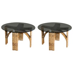 Pair of Woven Bamboo/Rattan Round Side Tables, Glass Top, Italy, 1960s