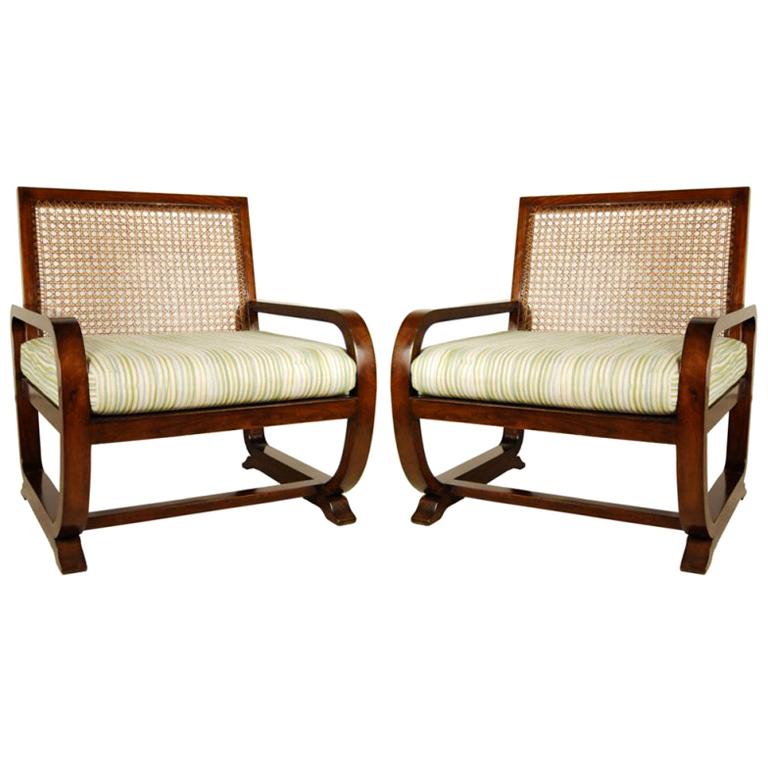 Pair of Woven Cane Chairs with Cushions