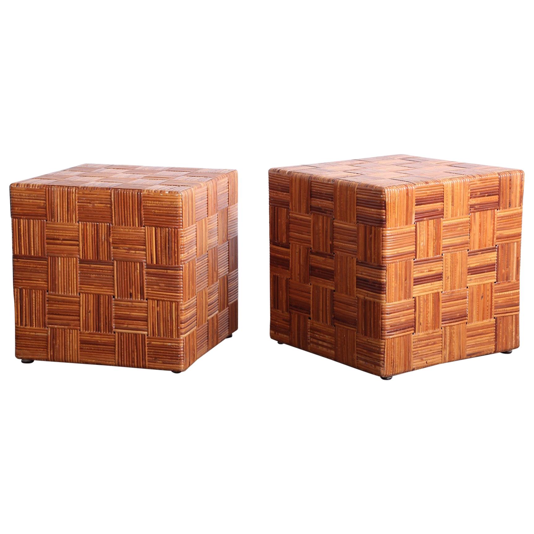 Pair of Woven Cane Cubes by Harvey Probber