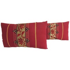 Vintage Pair of Woven Embroidery Indian Red and Gold Decorative Lumbar Pillows