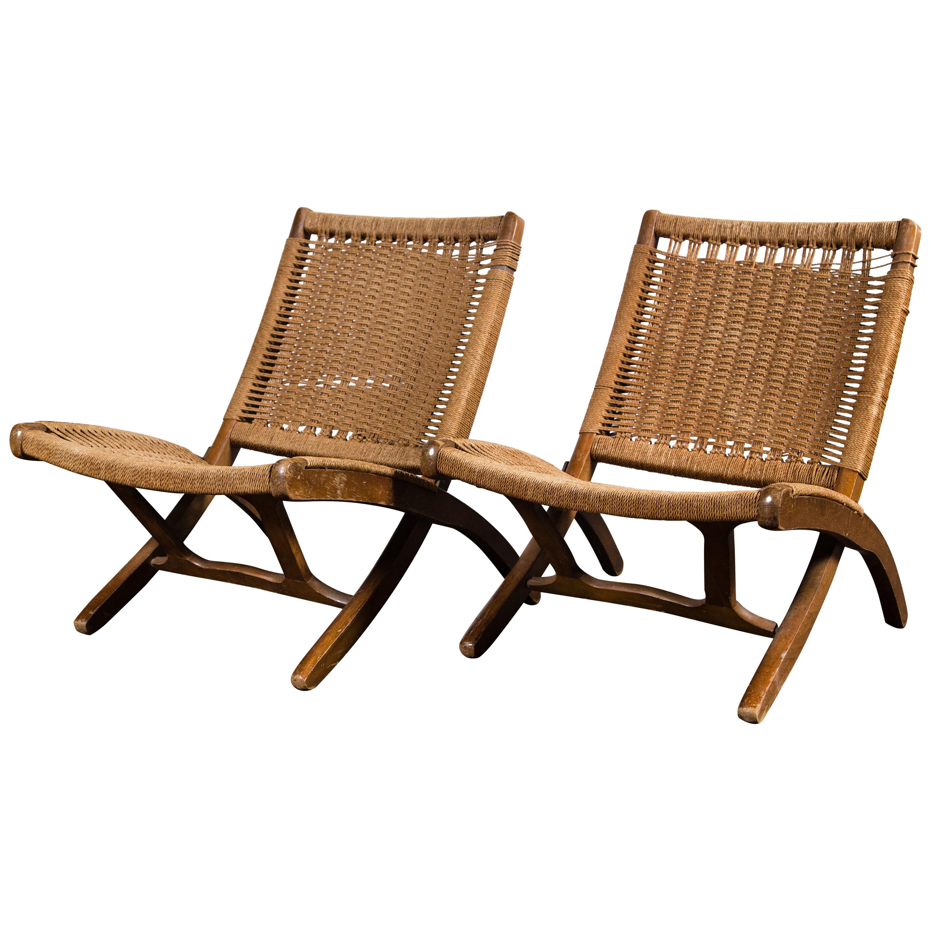 Pair of Woven Folding Chairs in the Style of Hans Wegner