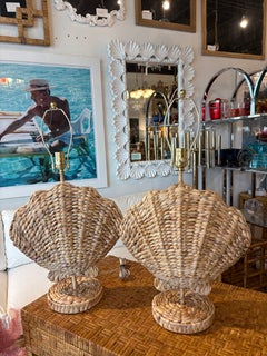 Pair of Woven Grass Scalloped Clam Shell Seashell Beach Table Lamps Newly Wired