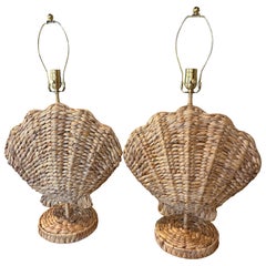 Pair of Woven Grass Scalloped Clam Shell Seashell Beach Table Lamps Newly Wired