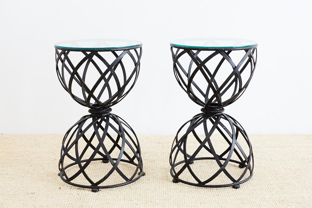 Tempered Pair of Woven Iron Basket Design Drinks Tables