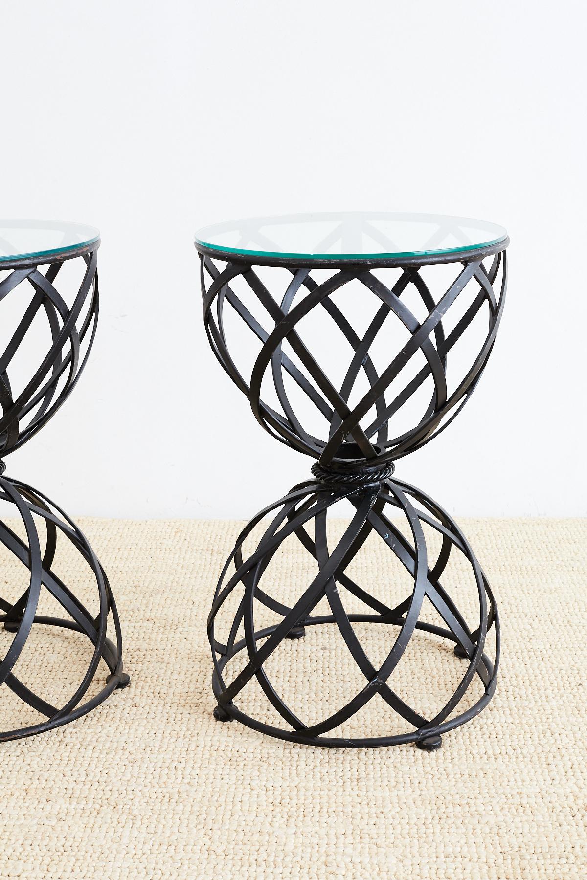 Wrought Iron Pair of Woven Iron Basket Design Drinks Tables