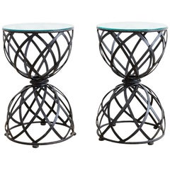 Vintage Pair of Woven Iron Basket Design Drinks Tables