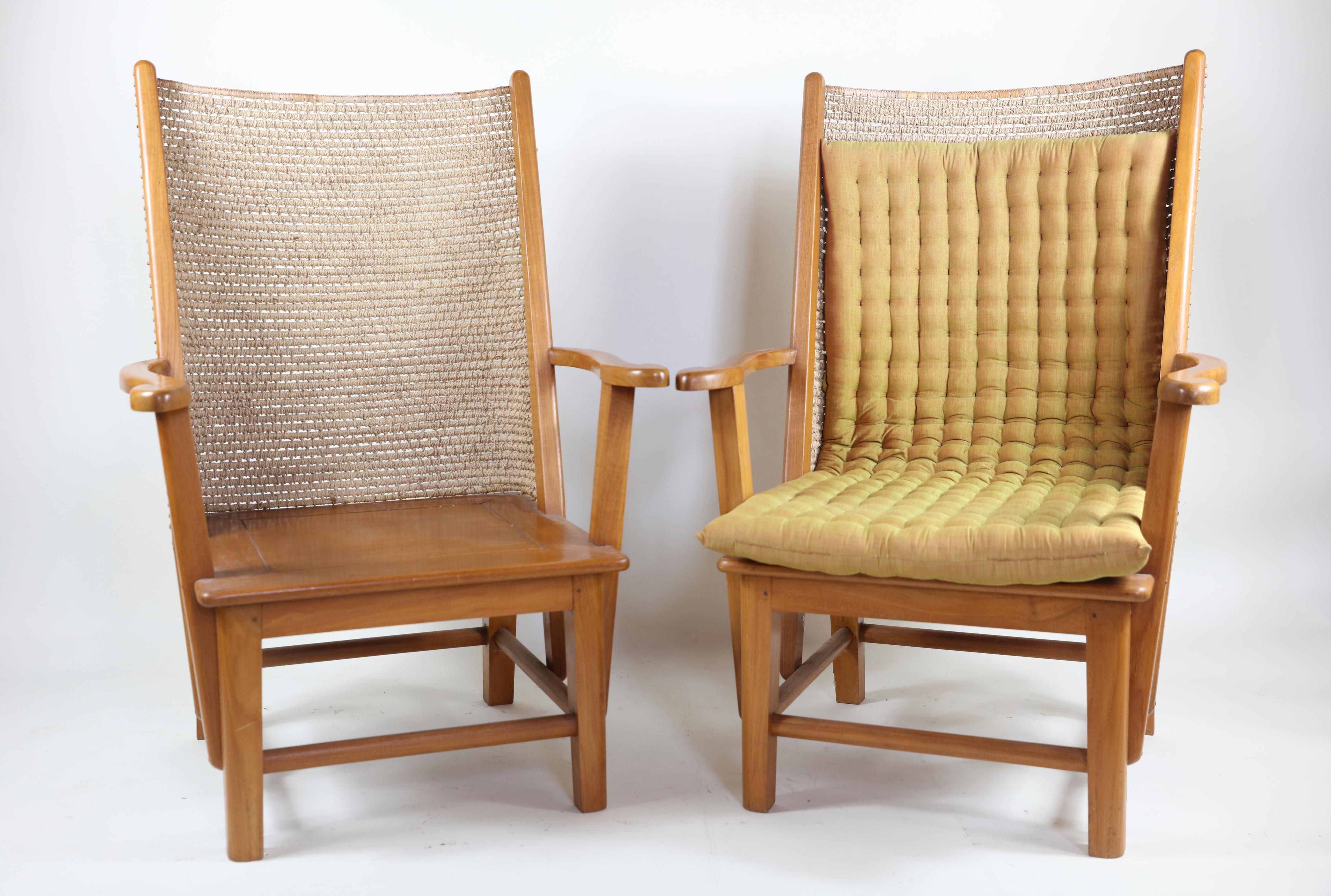 Brown Pair of Woven Jute High Back Chairs with Cushions