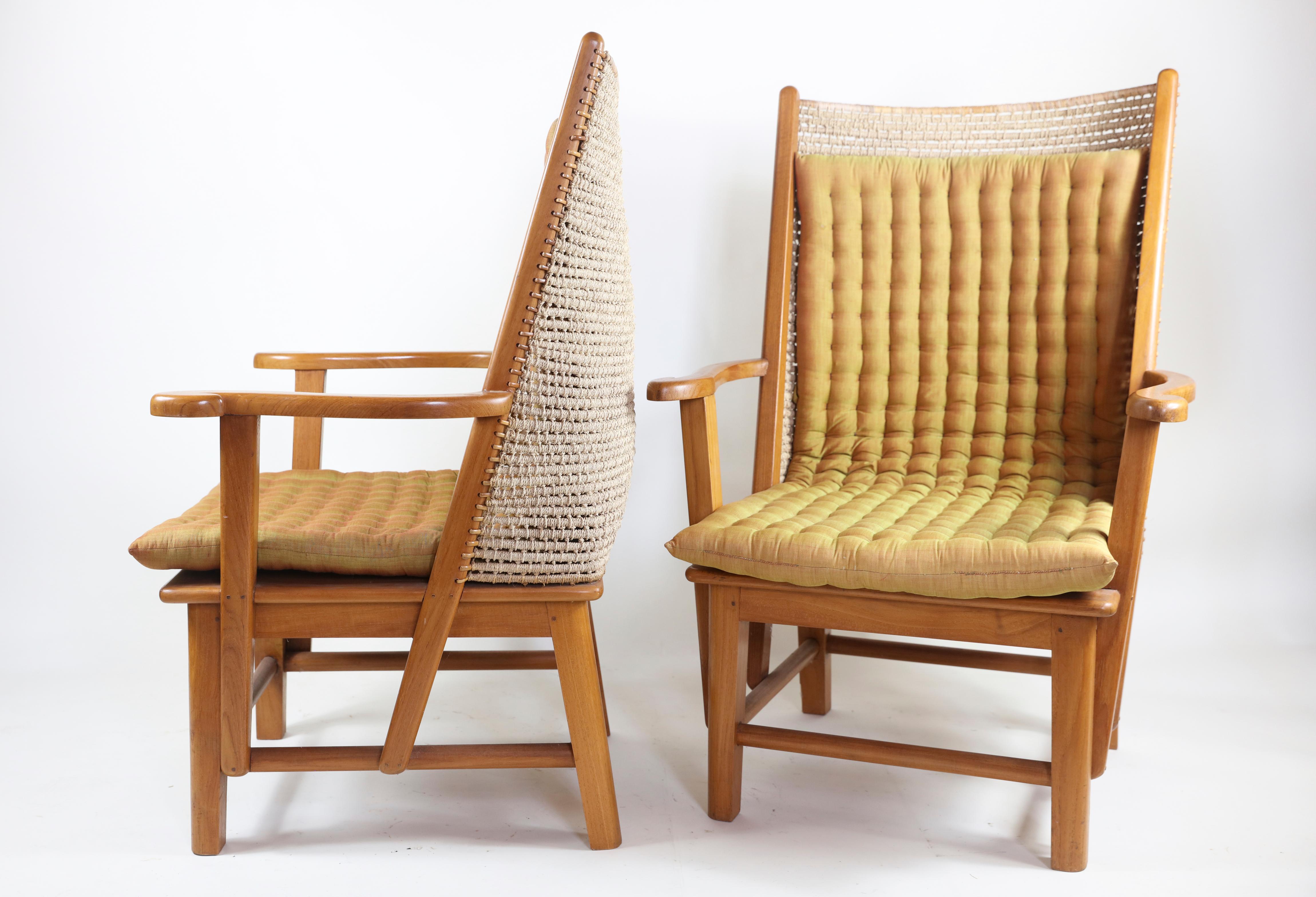 Pair of Woven Jute High Back Chairs with Cushions In Excellent Condition In Bridgehampton, NY