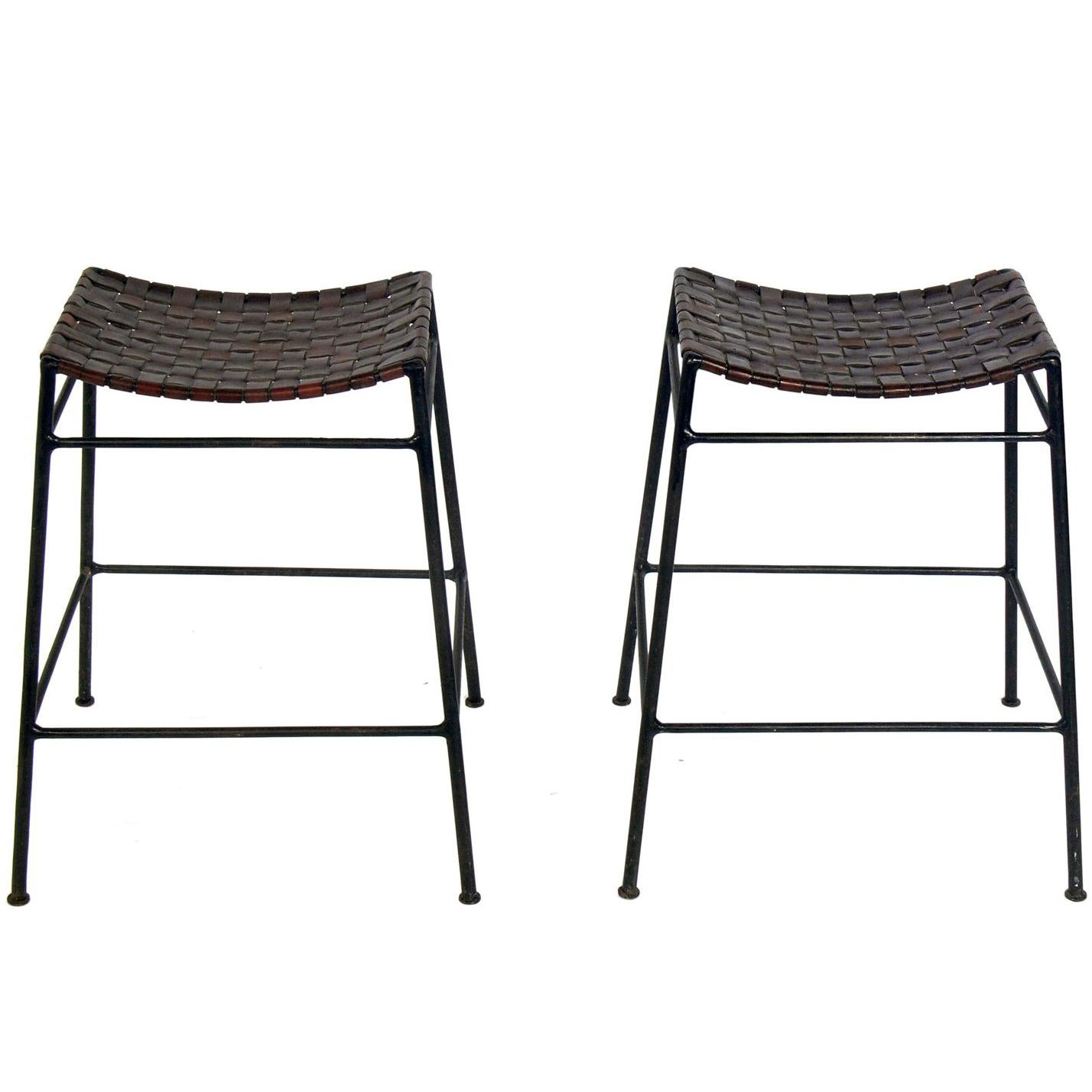 Pair of Woven Leather and Iron Bar Stools